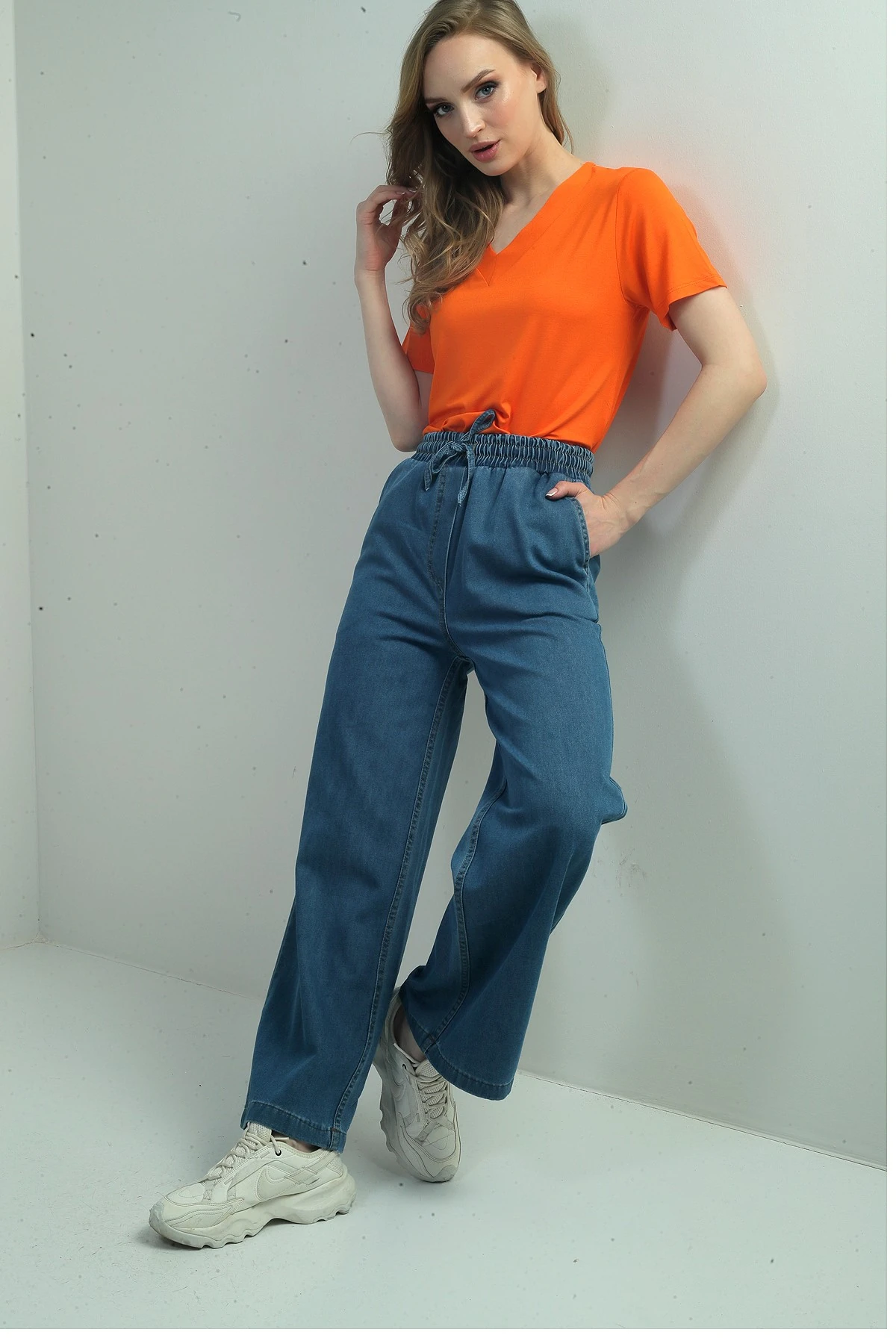 Kadın Beli Lastikli Yandan Cepli Palazzo Kot Pantolon