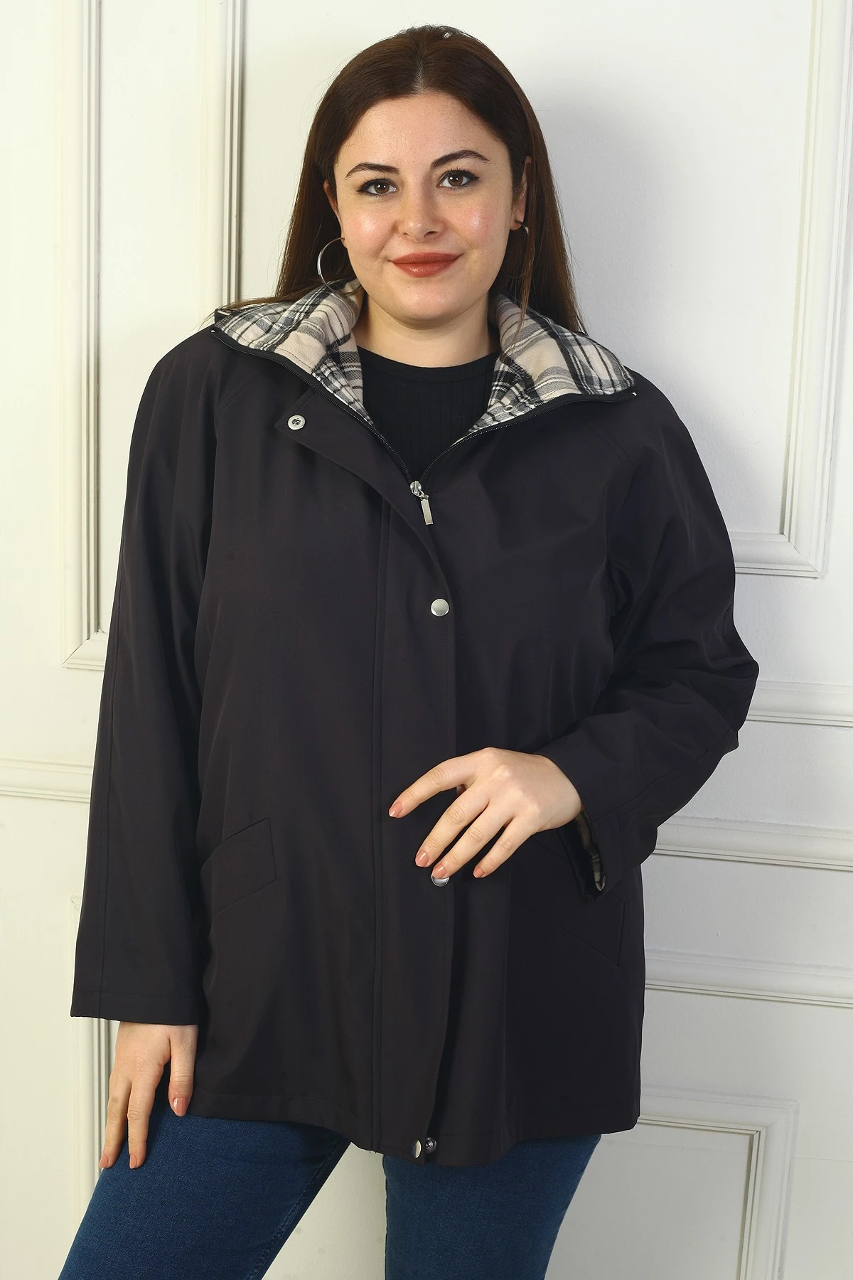 Kadın Önü Çıtçıtlı Fermuarlı Kapşonlu Sahte Cep B.B.Trençkot Kaban