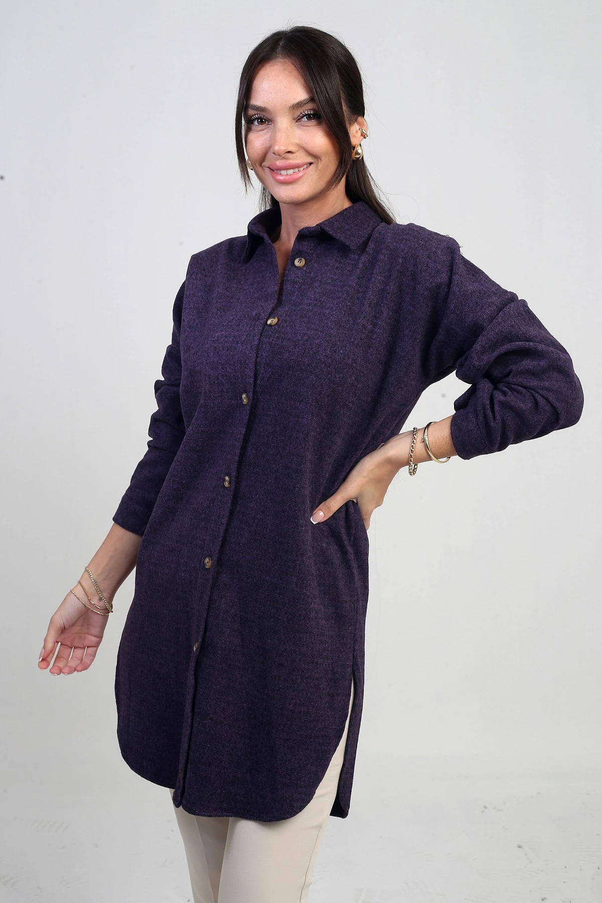 Kadın Yanları Yırtmaçlı Kırçıllı Tunik Gömlek