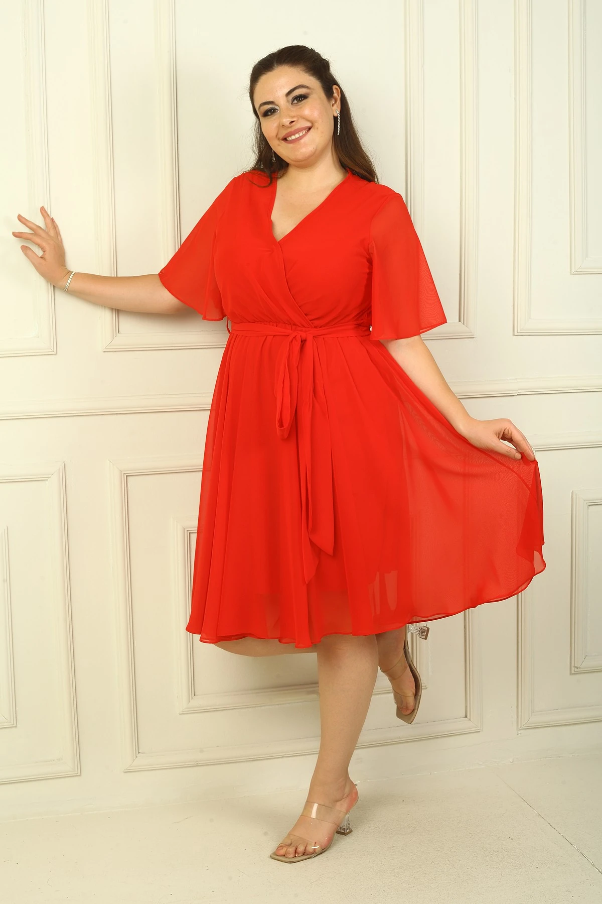 Kadın Kruvaze Yaka Volan Kollu Astarlı B.B Şifon Elbise