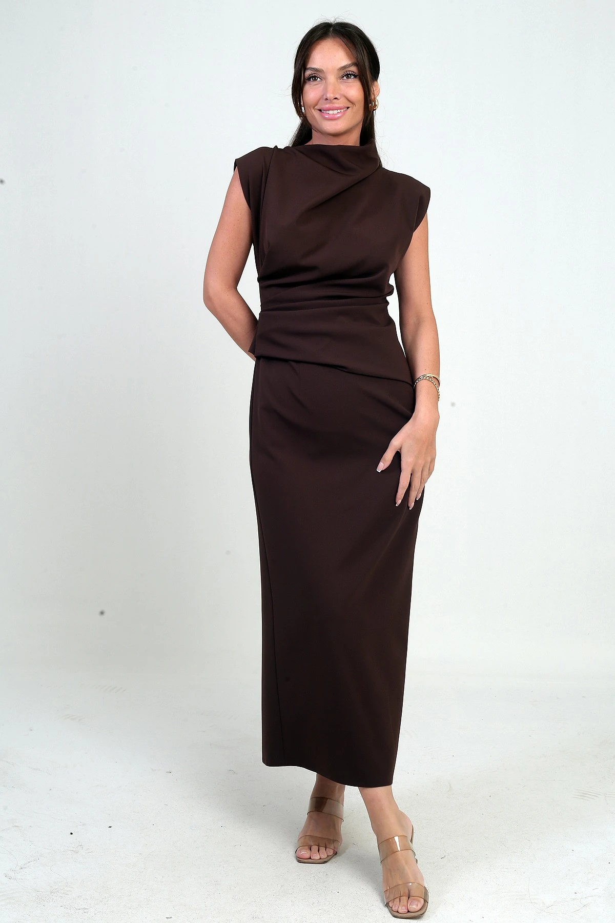 Kadın Önü Drapeli Midi Elbise