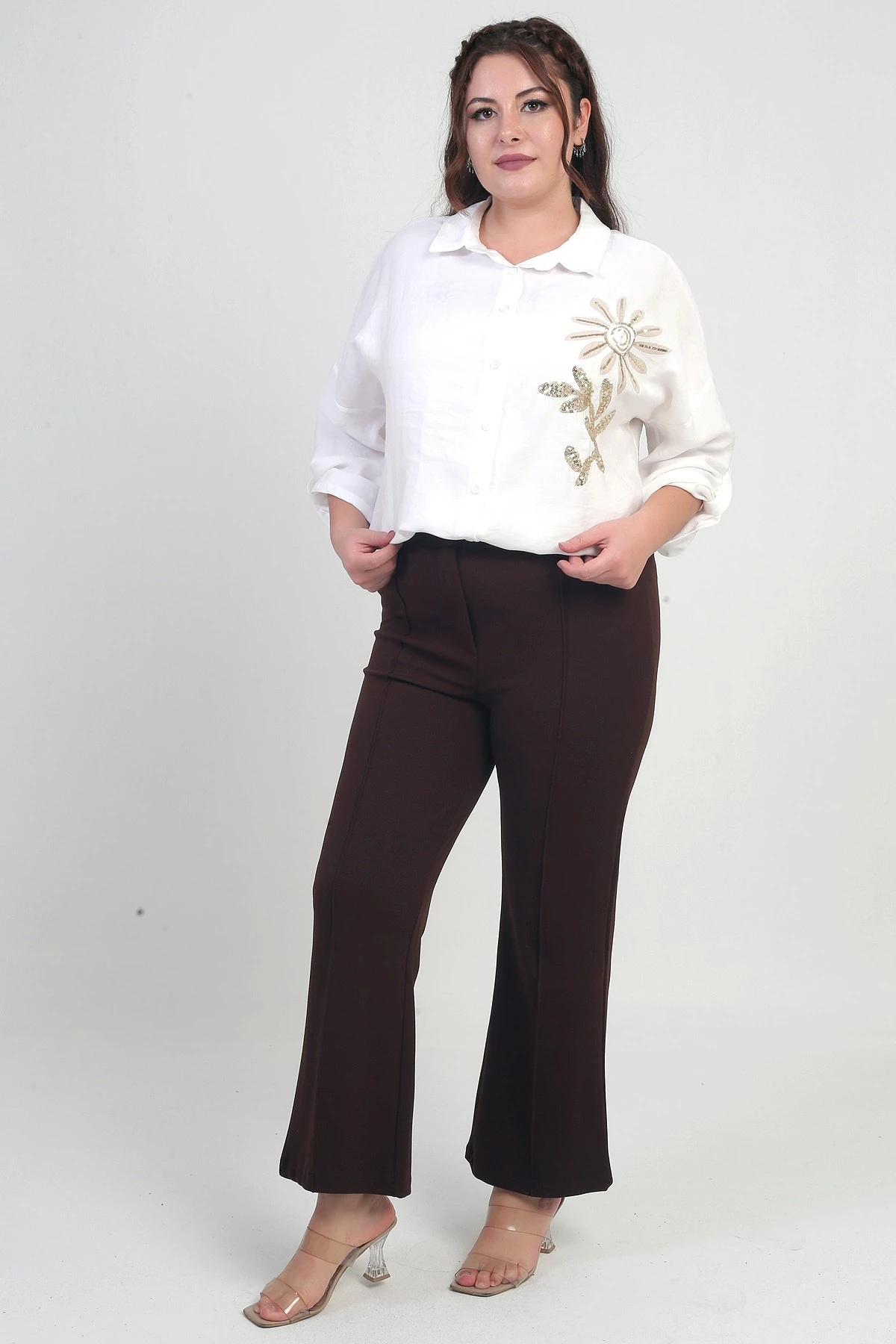 Kadın Beli Lastikli En Boy Likralı Örme Krep Çımalı Büyük Beden Palazzo Pantolon