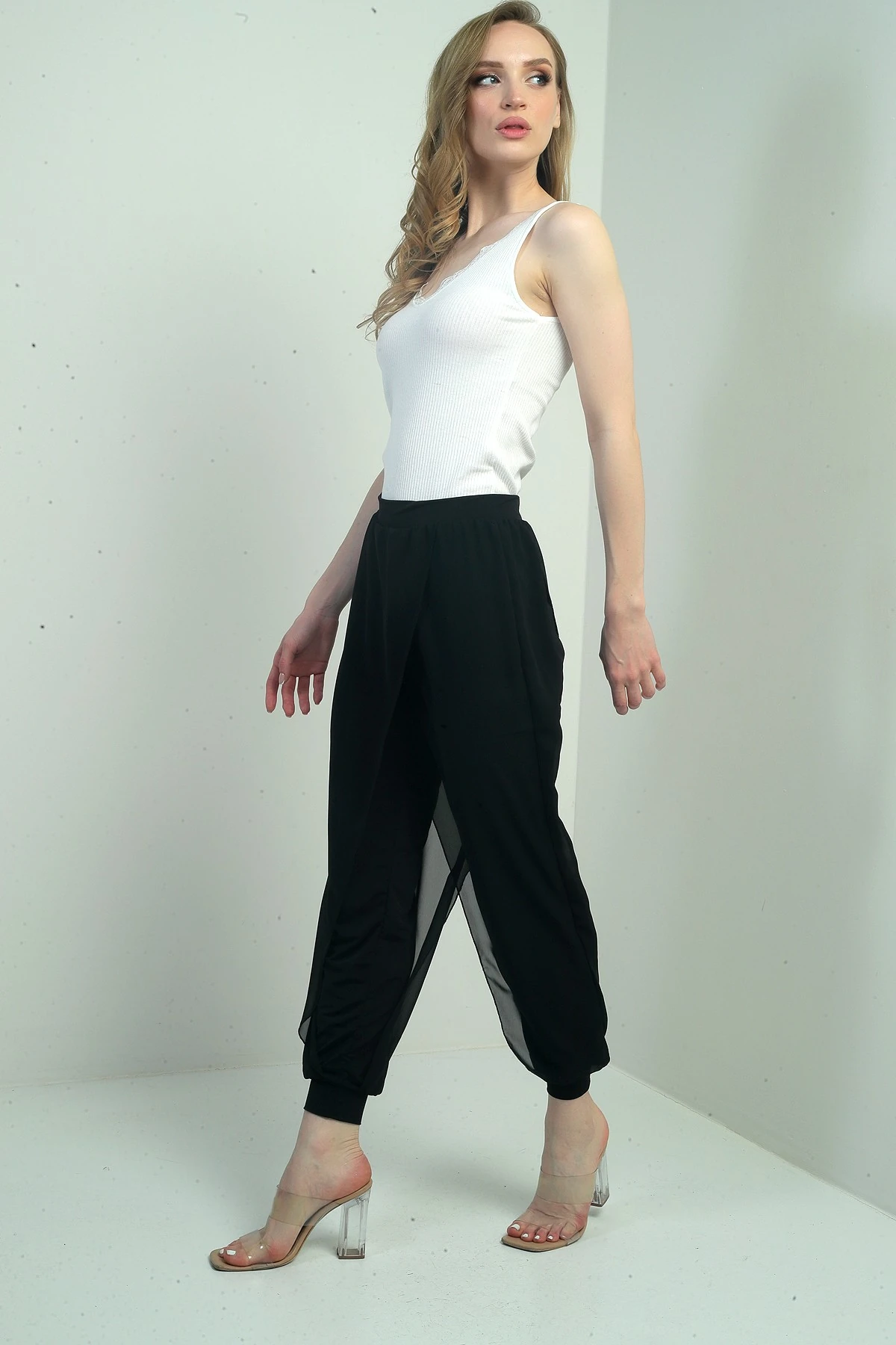 Kadın Üstü Şifon Beli Lastikli Şalvar Pantolon