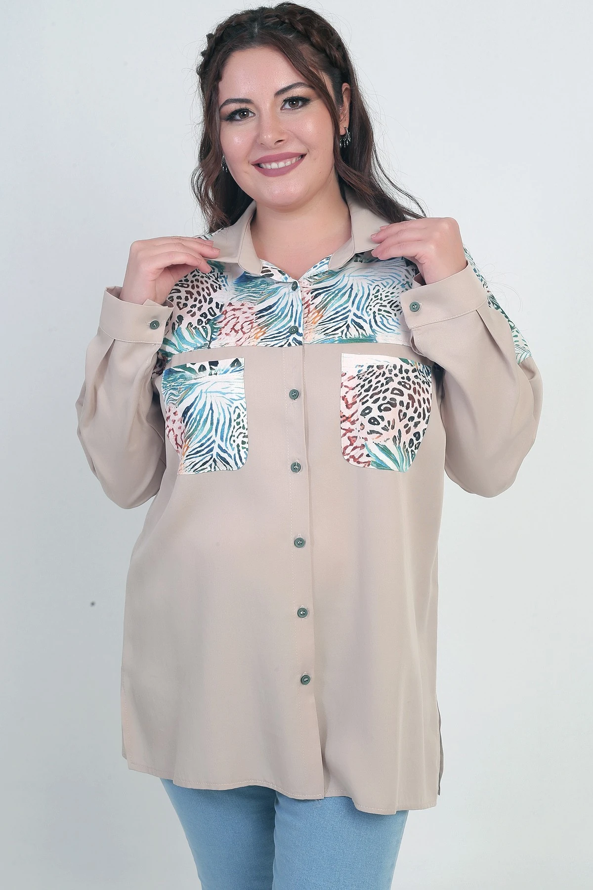 Kadın Düşük Kollu Çift Cepli Desenli Büyük Beden Gömlek
