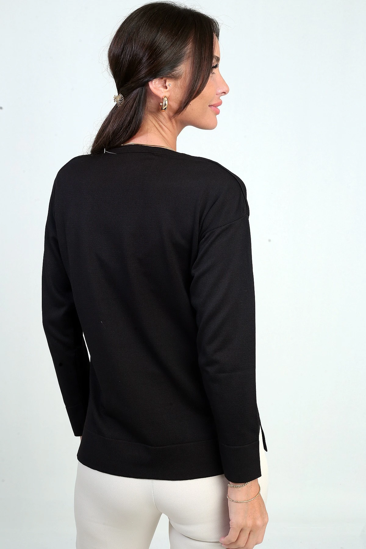 Kadın V Yaka Önü Yazı Baskılı Triko Bluz