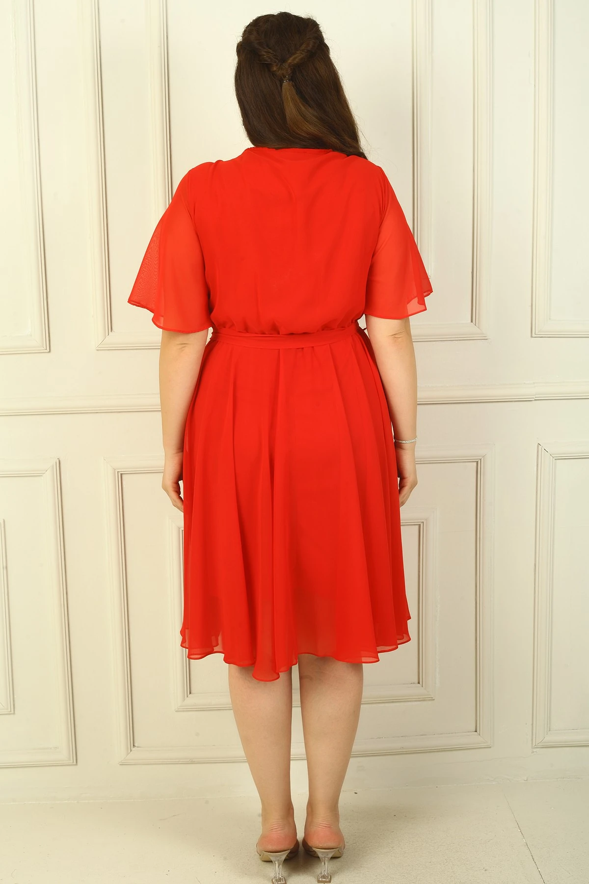 Kadın Kruvaze Yaka Volan Kollu Astarlı B.B Şifon Elbise