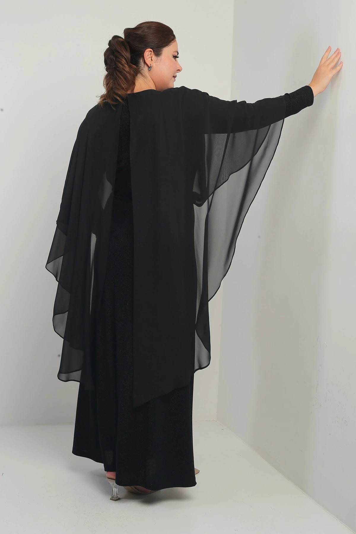 Kadın Üstü Zincirli Şifon Altı Simli Astarlı Büyük Beden Tesettür Uzun Elbise