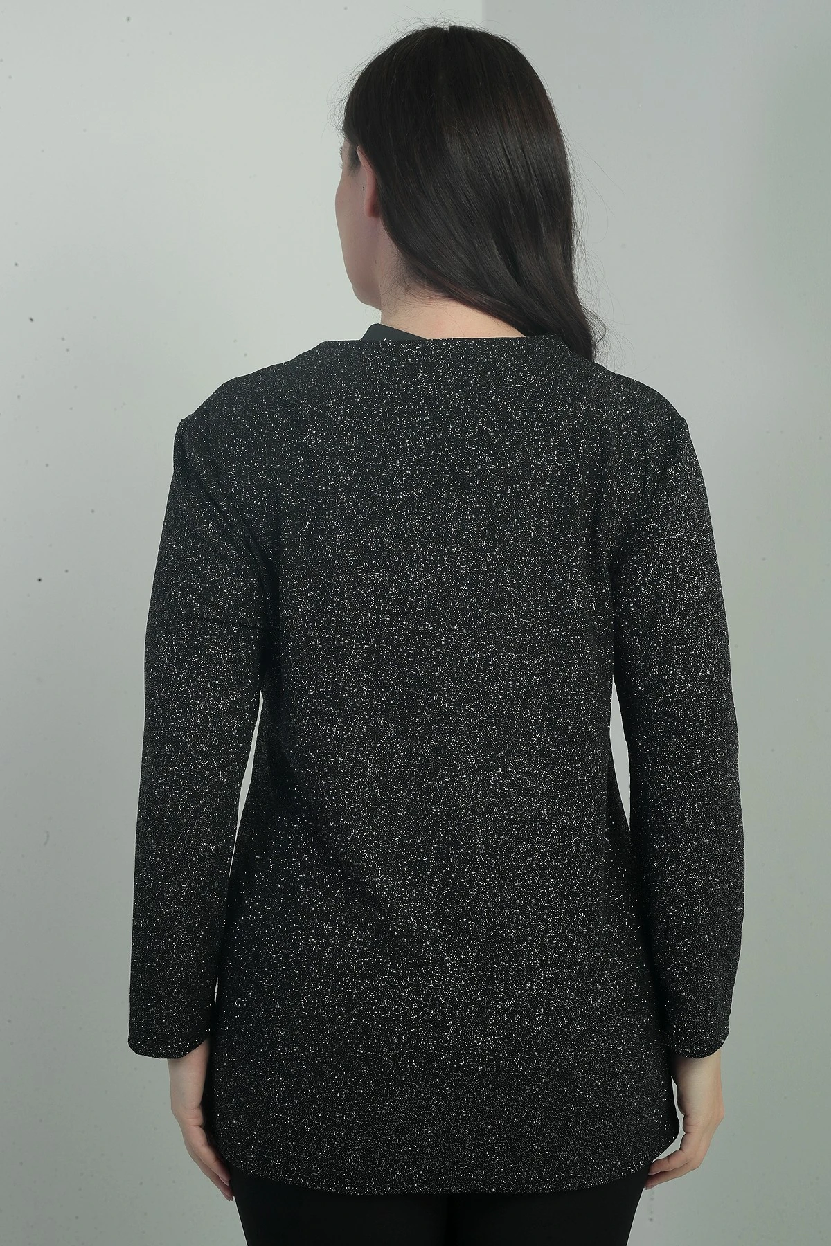 Kadın Taş Detaylı Yuvarlak Yaka Simli Likralı Büyük Beden Bluz