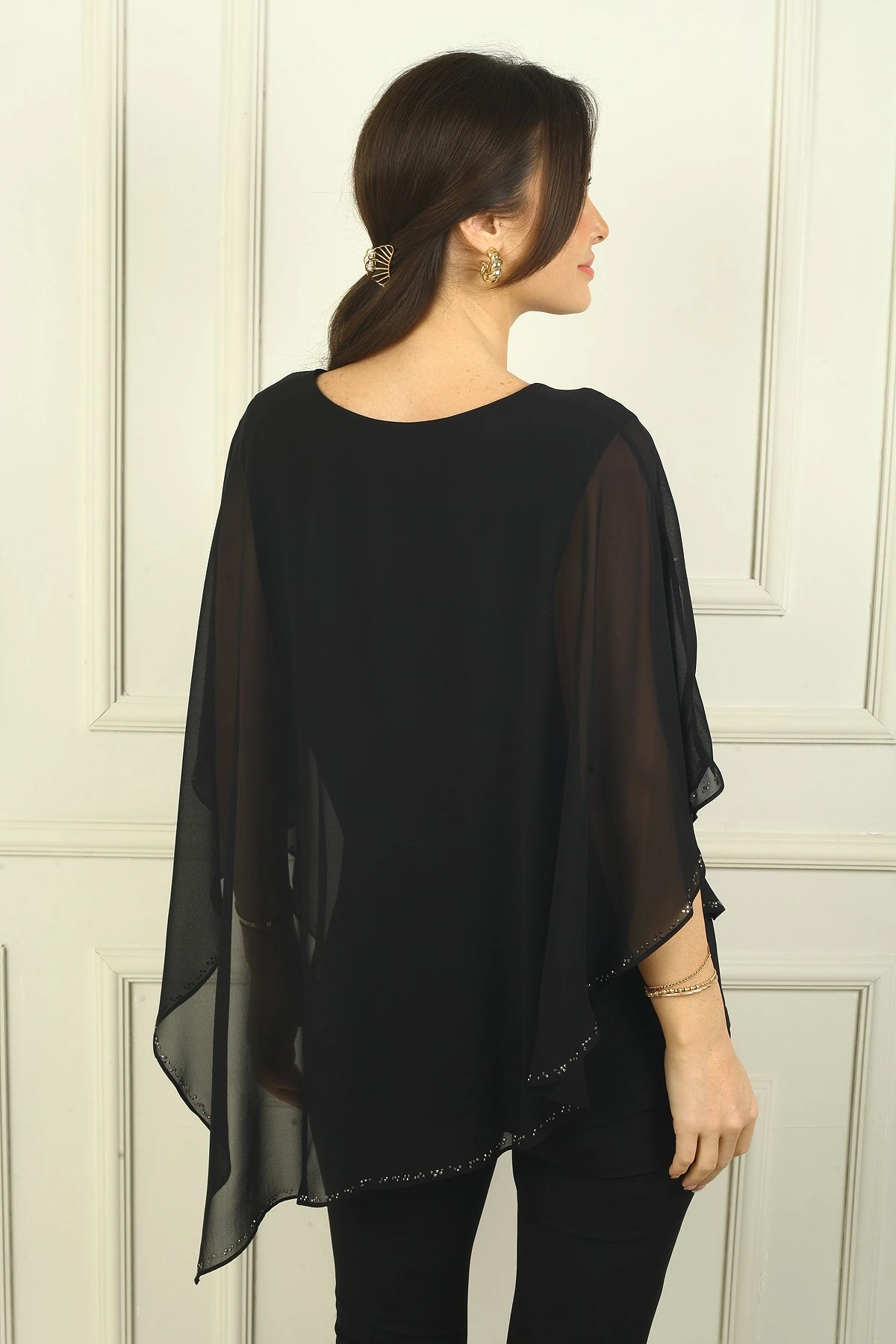 Kadın Üstü Şifon Boncuklu Asimetrik Bluz