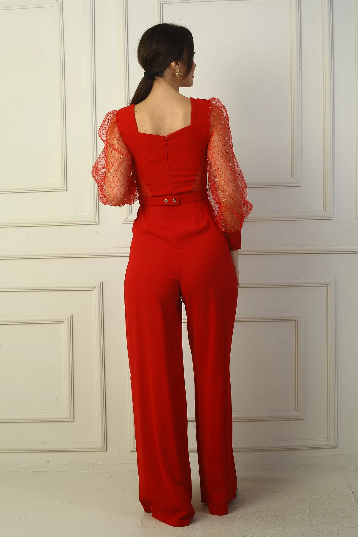 Kadın Kalp Yaka Beli Kemerli Kolları Tül Kare Sim Detaylı Palazzo Tulum