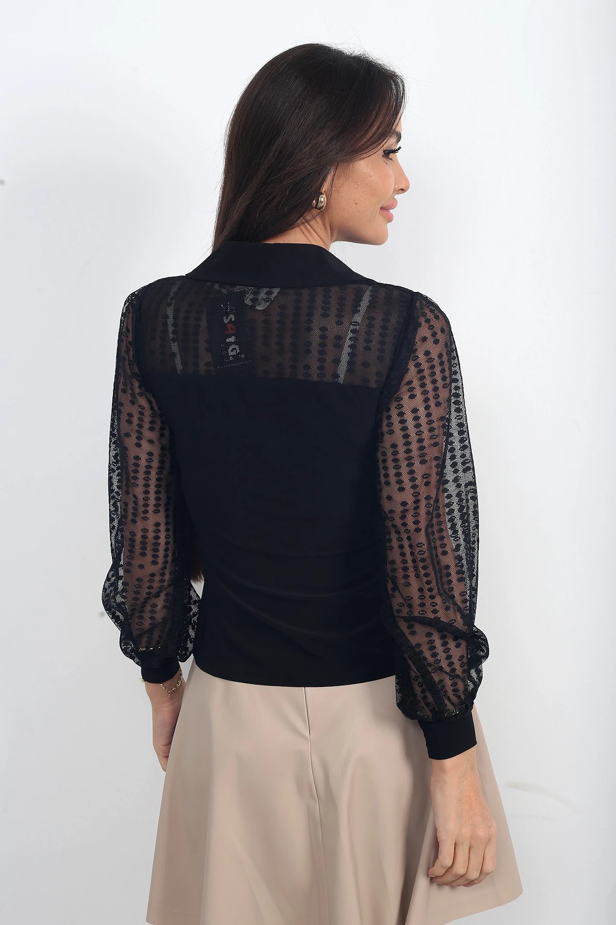 Kadın Polo Yaka Kol Ve Omuzları Tül Likralı Bluz