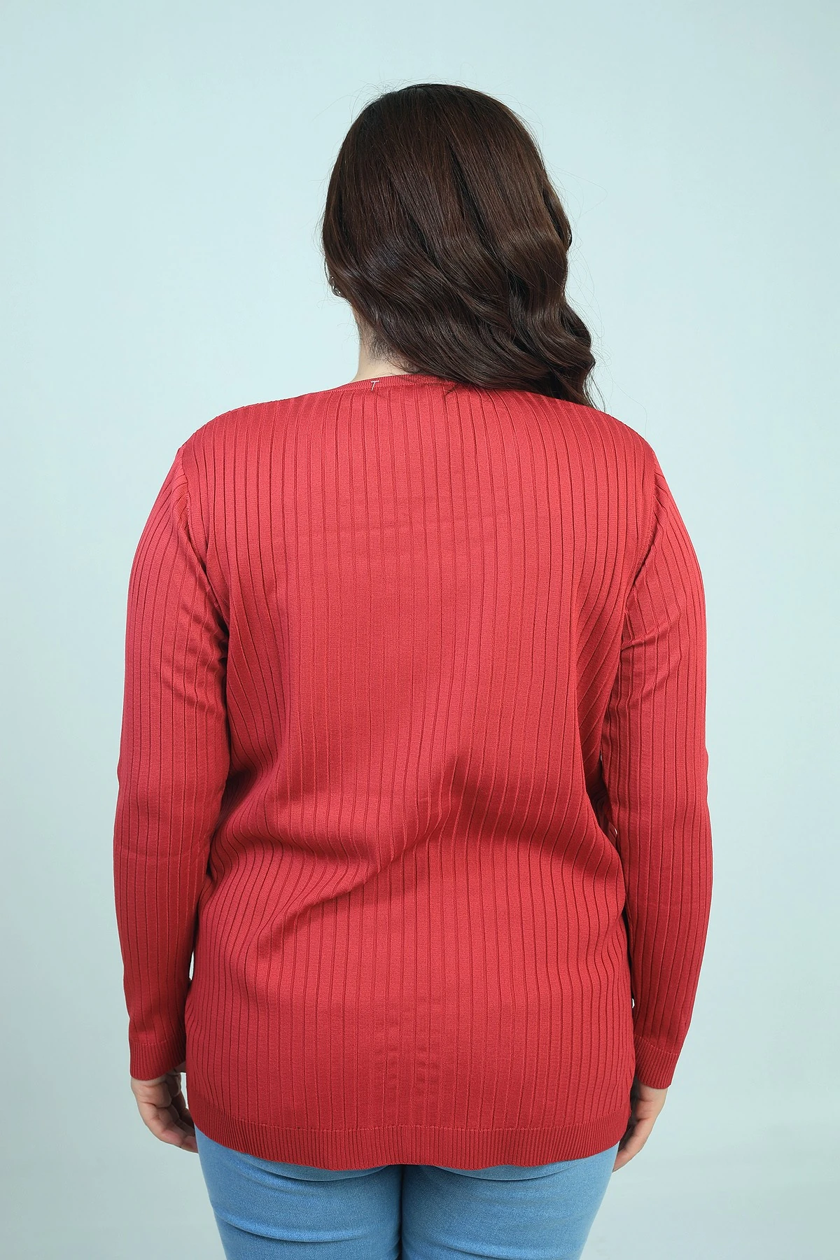 Kadın V Yaka Önü Şeritli Fitilli Soğuk İplik Büyük Beden Triko Bluz