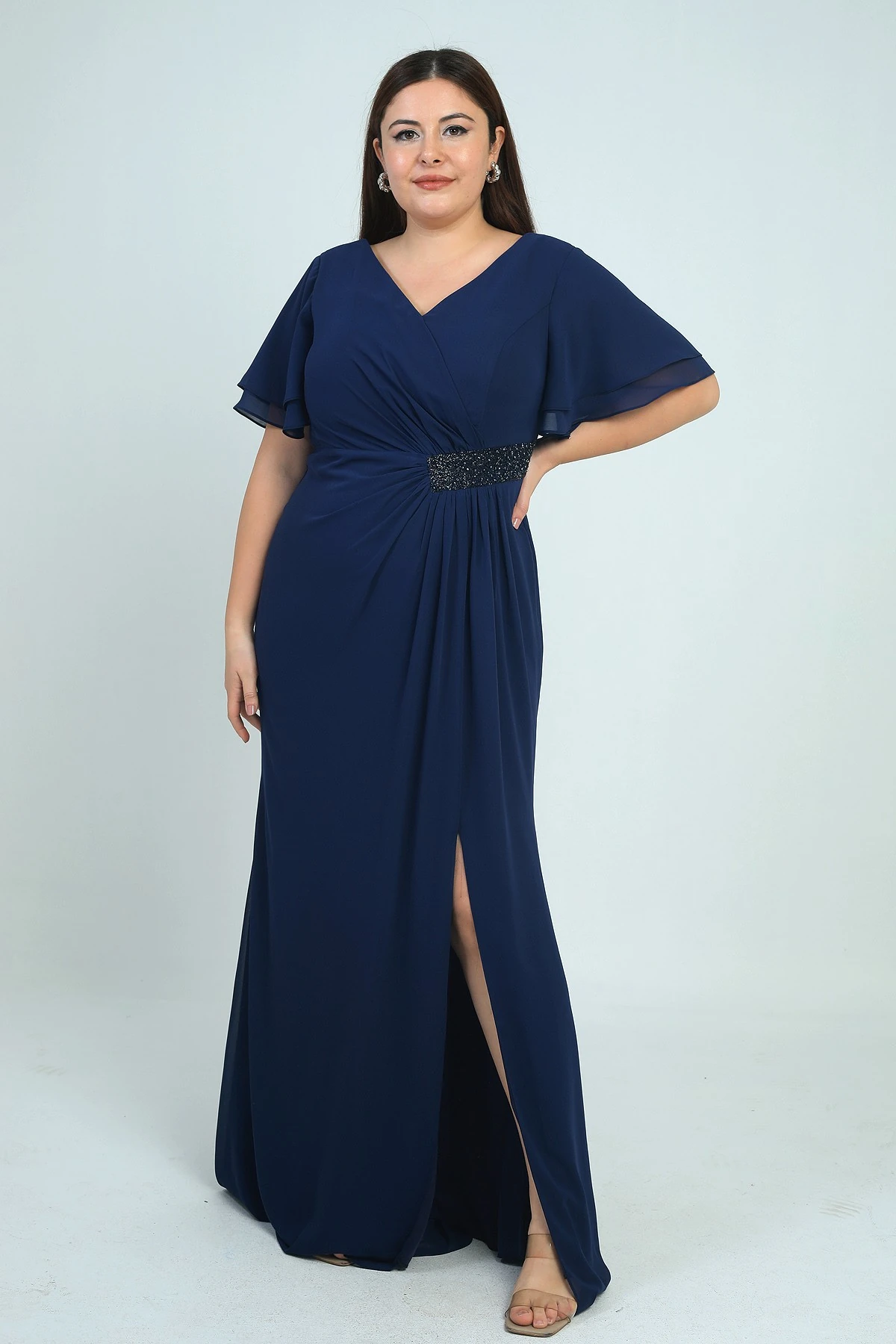 Kadın Arka V Yaka Astarlı Bel Boncuk Detaylı Darapel Büyük Beden Krep Şifon Elbise