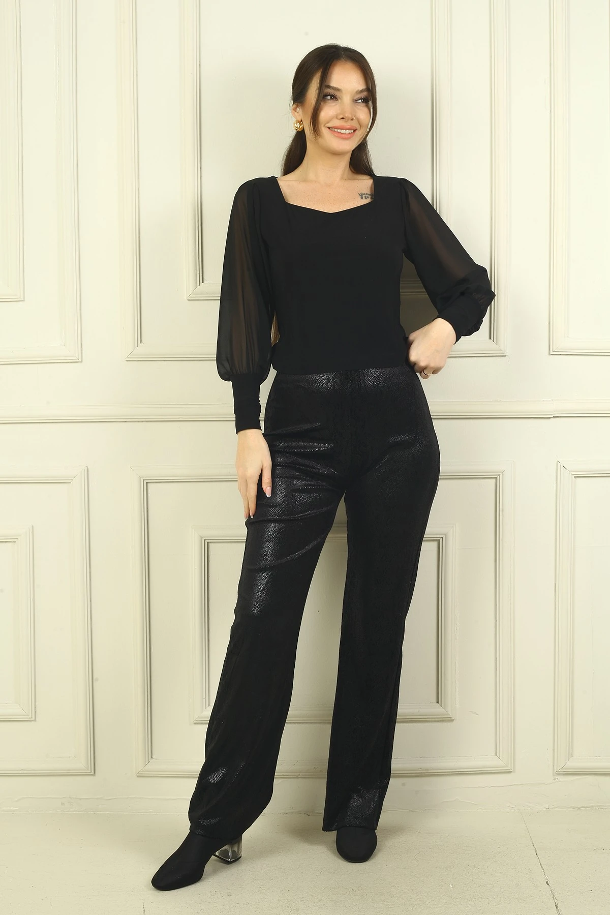 Kadın Beli Lastikli Timsah Desenli Likralı Pantolon