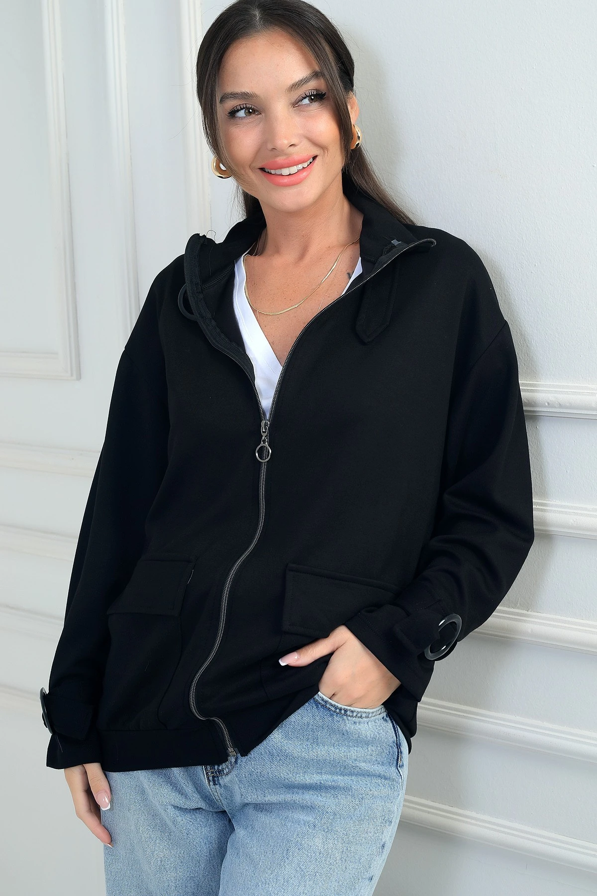 Kadın Önü Fermuarlı Kargo Cepli Toka Detaylı Osyho Kumaş Hırka