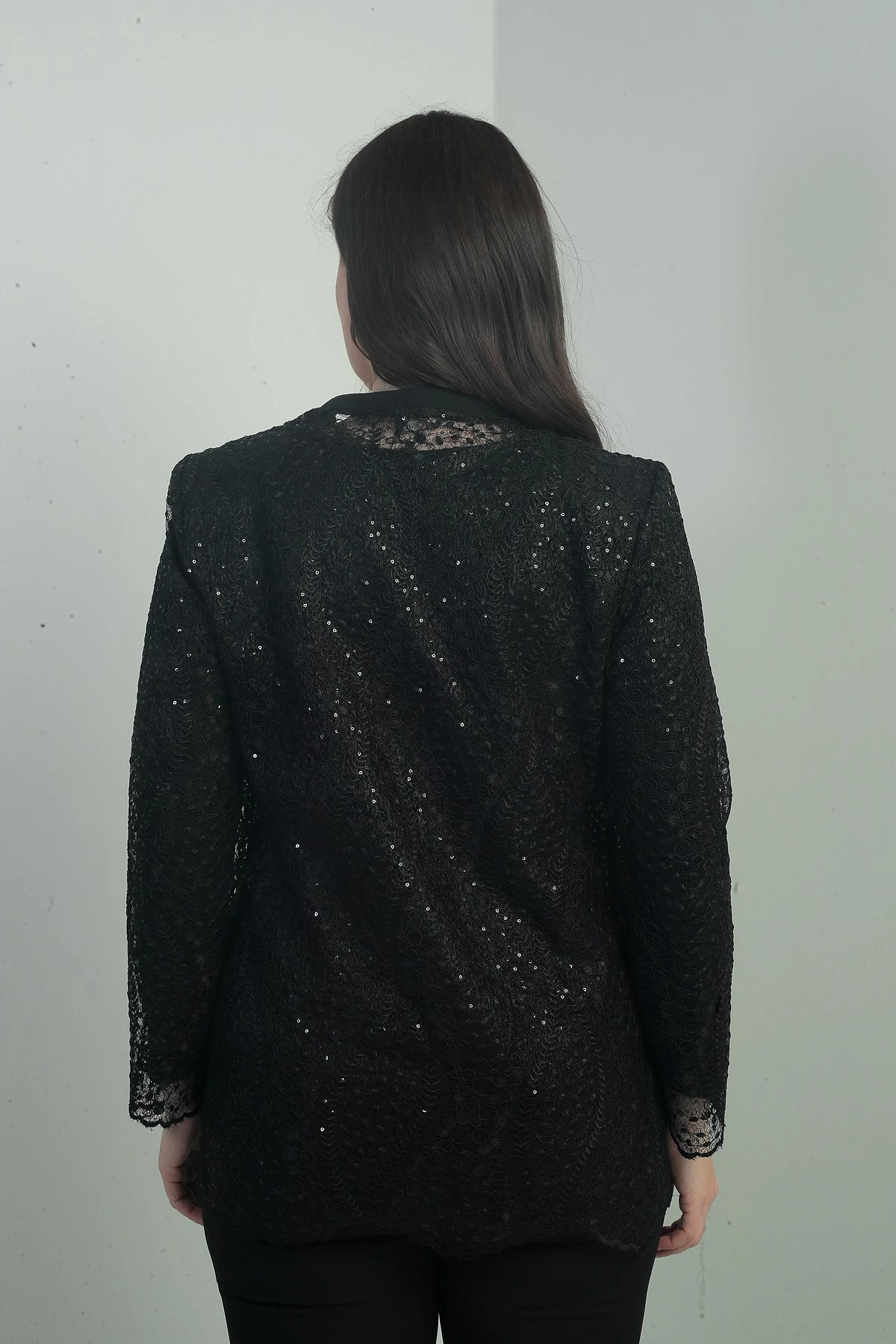 Kadın Uzun Kollu Bluz Pul İşlemeli Dantel Ceket Büyük Beden 2'li Takım