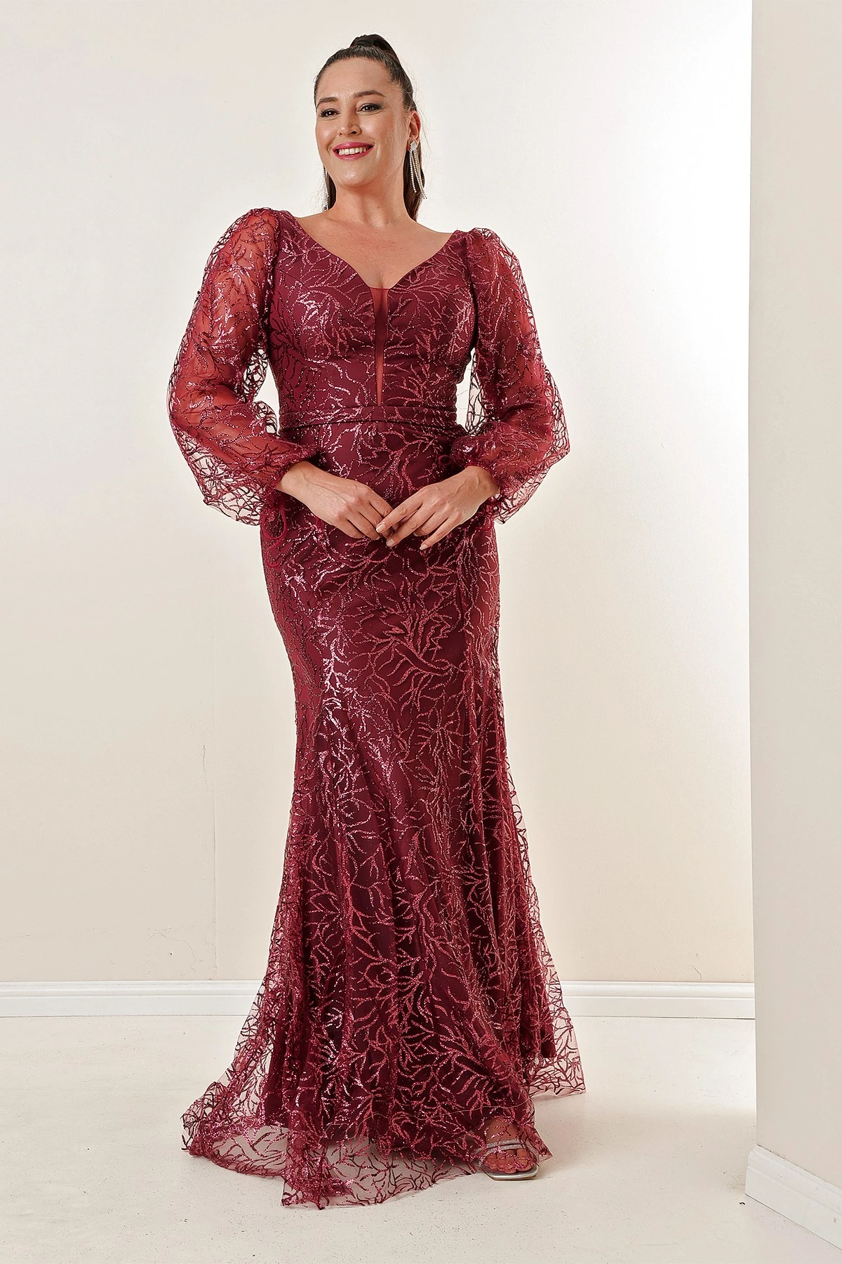 Ön Arka V Yaka Simli Flok Baskı B.B Uzun Elbise