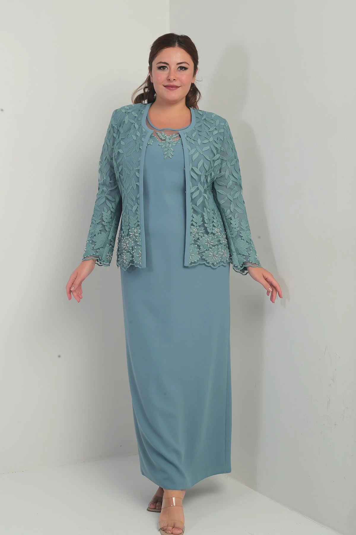 Boncuk İşlemeli Güpürlü Astarlı Elbise Ceket Büyük Beden 2'li Takım