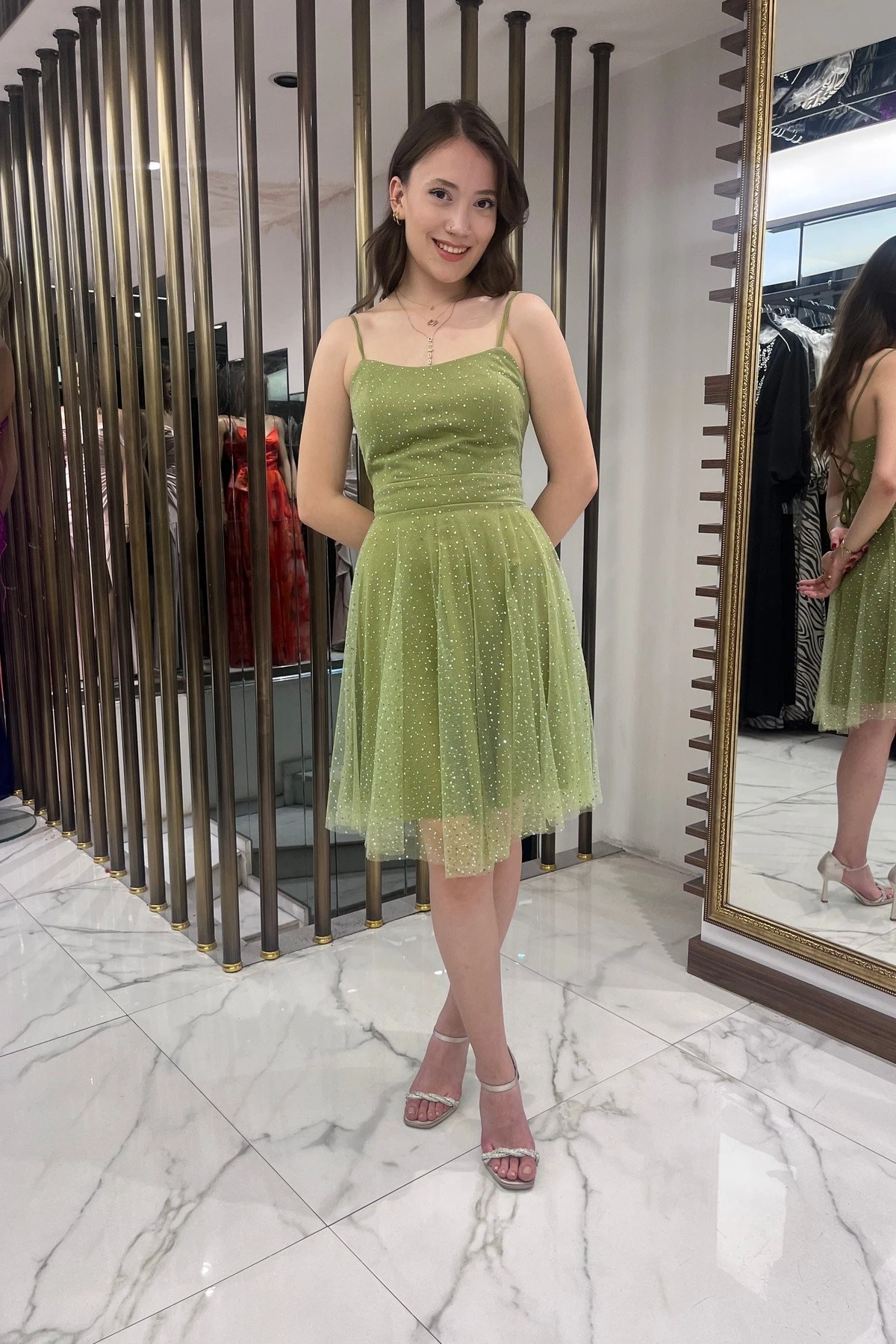 Kadın İp Askılı Arkadan Bağcıklı Astarlı Taşlı Kısa Tül Elbise