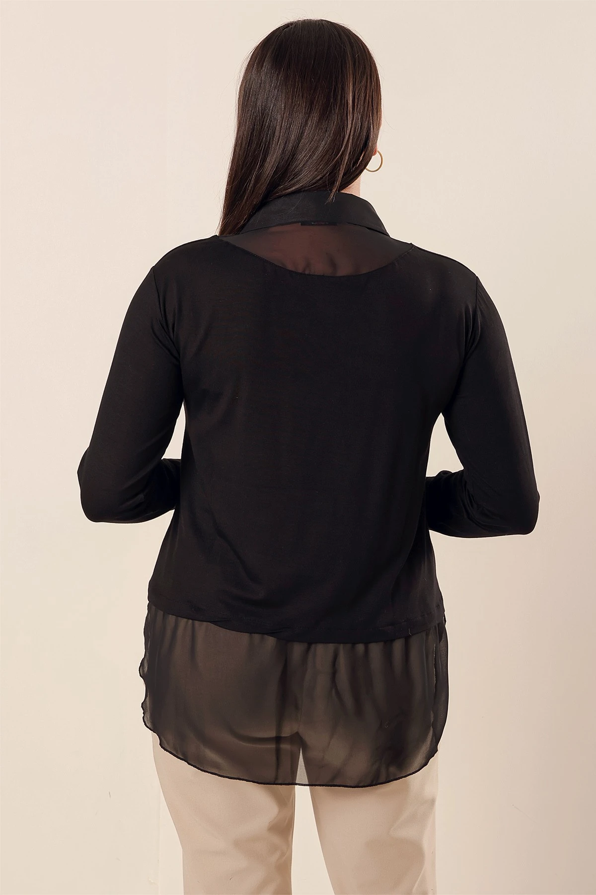 Şifon Detaylı Gömlek Yaka Rahat Kesim Büyük Beden Bluz