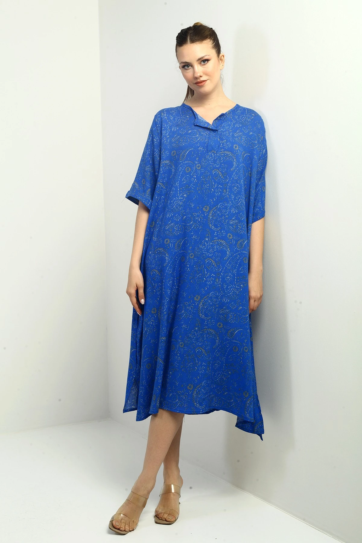 Kadın Şal Desenli Cepli Oversize Elbise