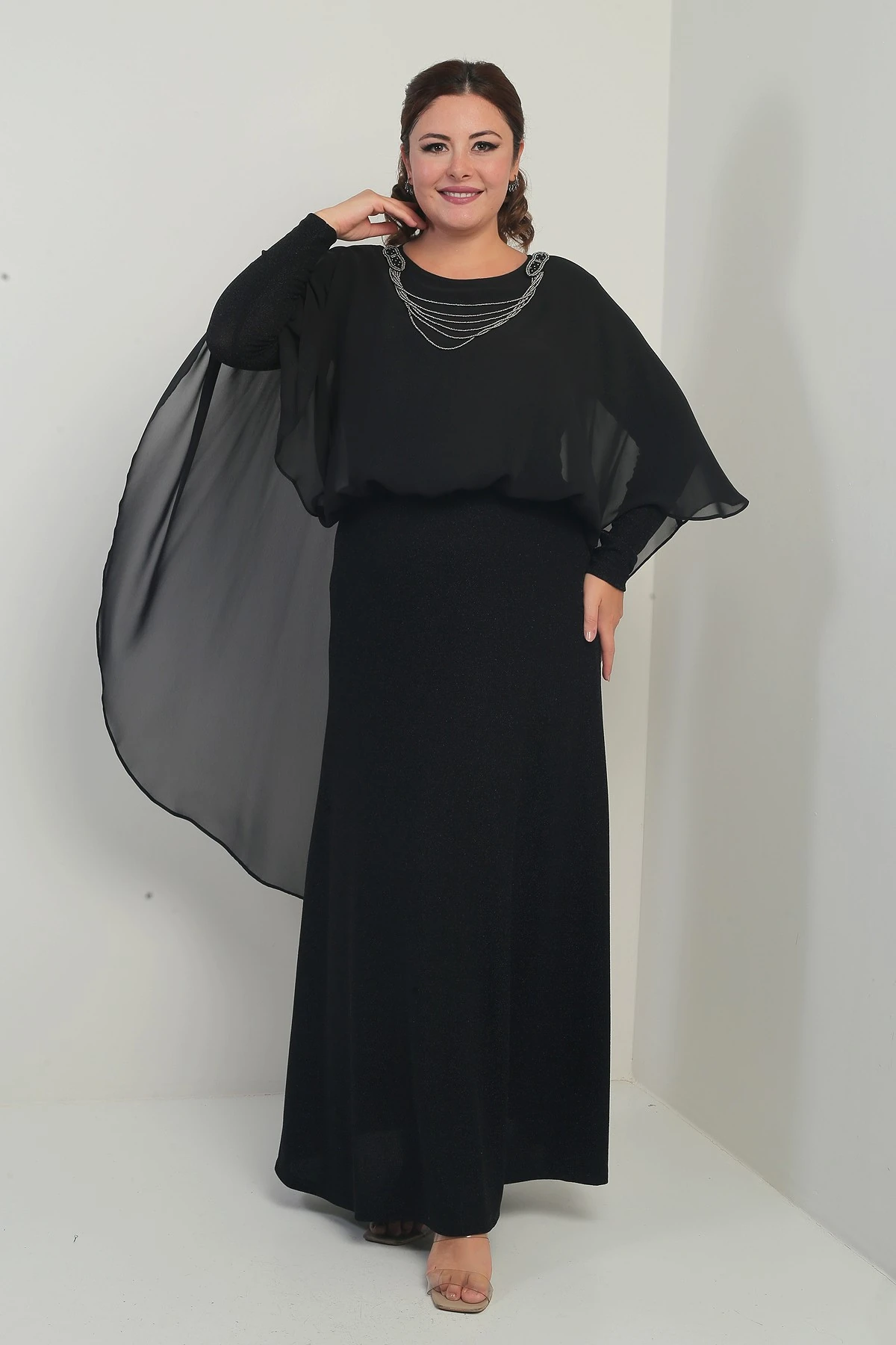 Kadın Üstü Zincirli Şifon Altı Simli Astarlı Büyük Beden Tesettür Uzun Elbise