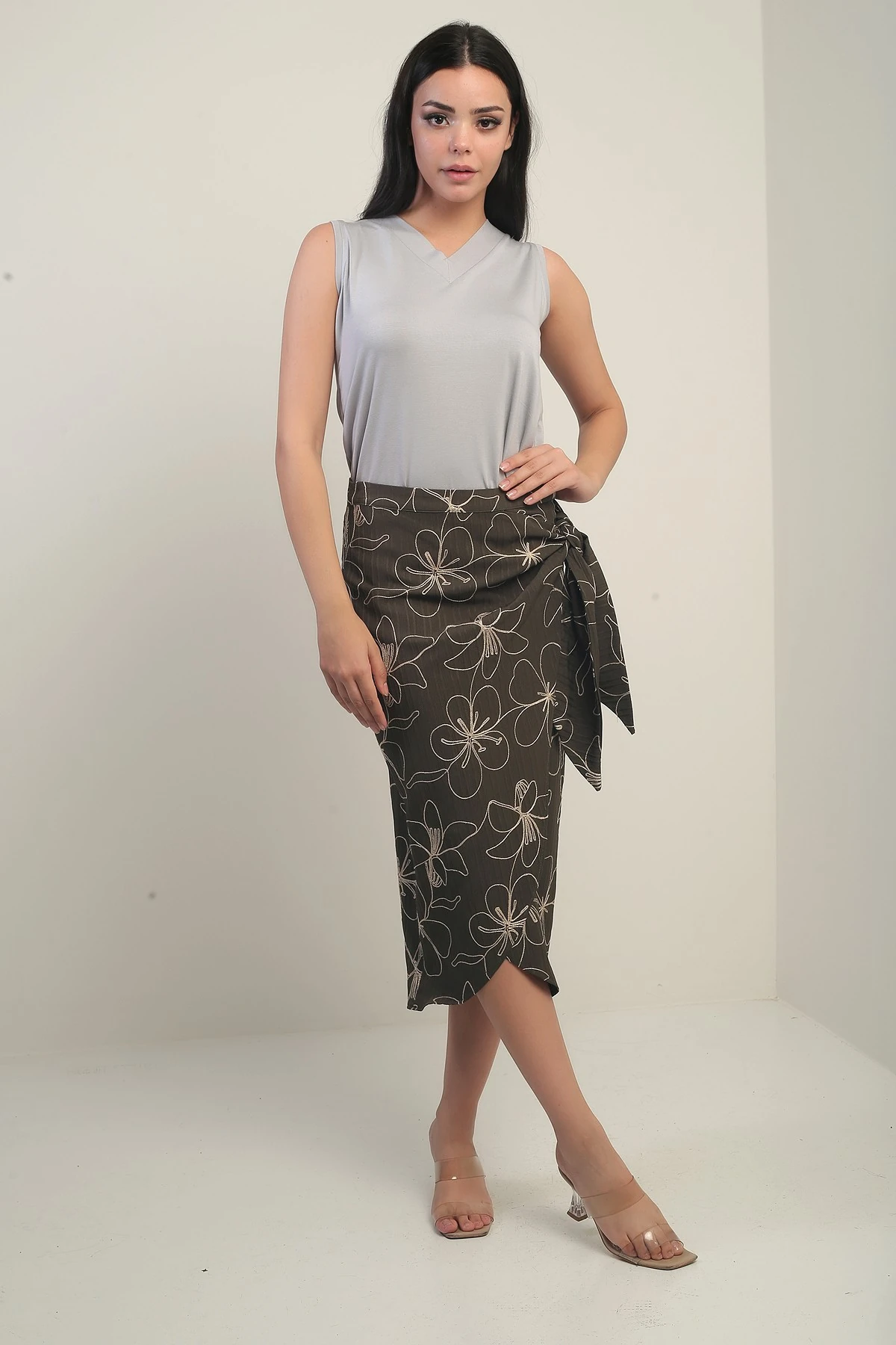 Kadın Yandan Bağlamalı Kordeneli Midi Etek