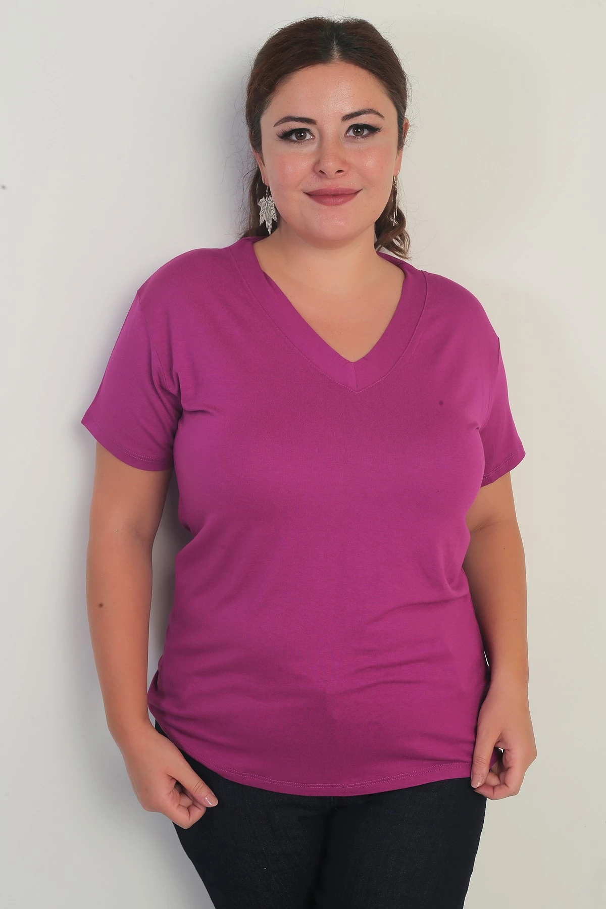 Kadın V Yaka Likralı Büyük Beden Bluz