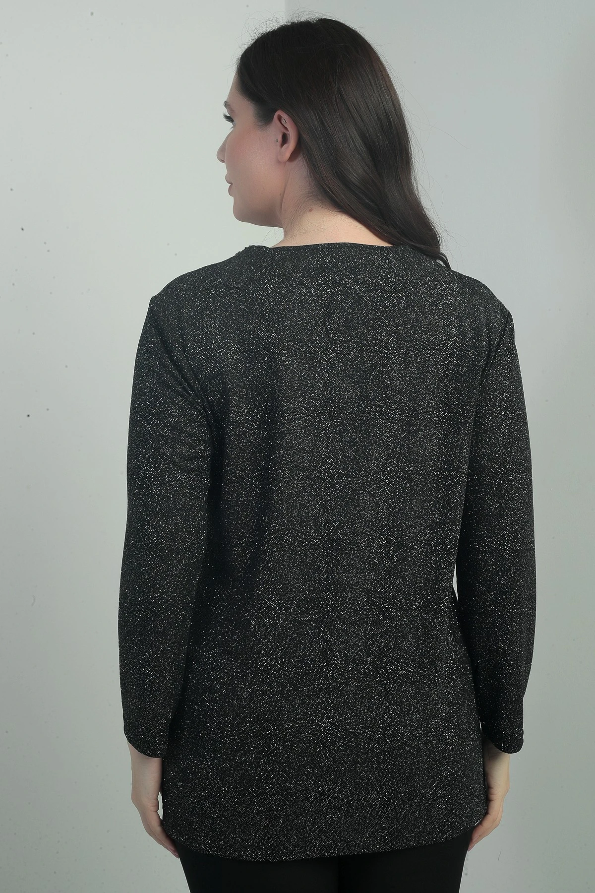 Kadın İnci-Taş Detaylı V Yaka Likralı Simli Büyük Beden Bluz