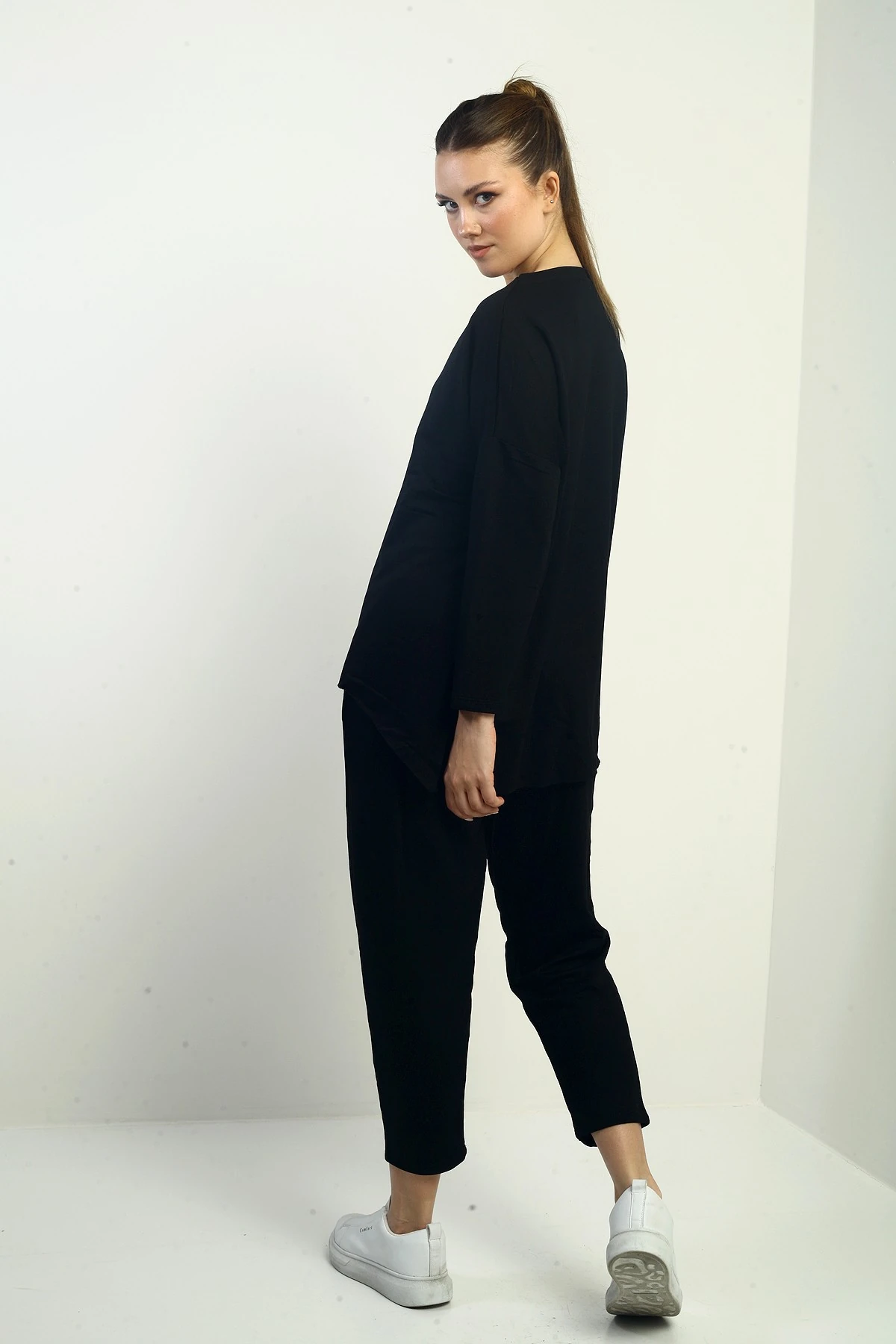 Kadın Ön Kısa Arka Uzun YAnları Yırtmaçlı Sweat Beli Lastikli Cepli Pantolon İki İplik 2'li Takım