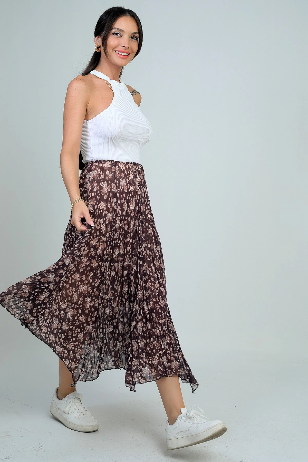 Kadın Beli Lastikli Astarlı Mini Çiçekli Midi Kraşlı Üçgen Etek