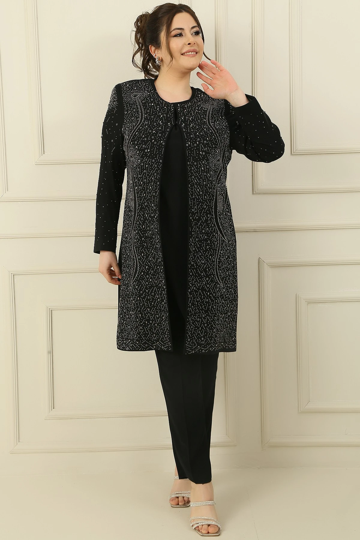 İçi Kolsuz Bluz Taş Baskılı Astarlı Uzun Ceket dar Paça Pantolon Büyük Beden 3'lü Takım