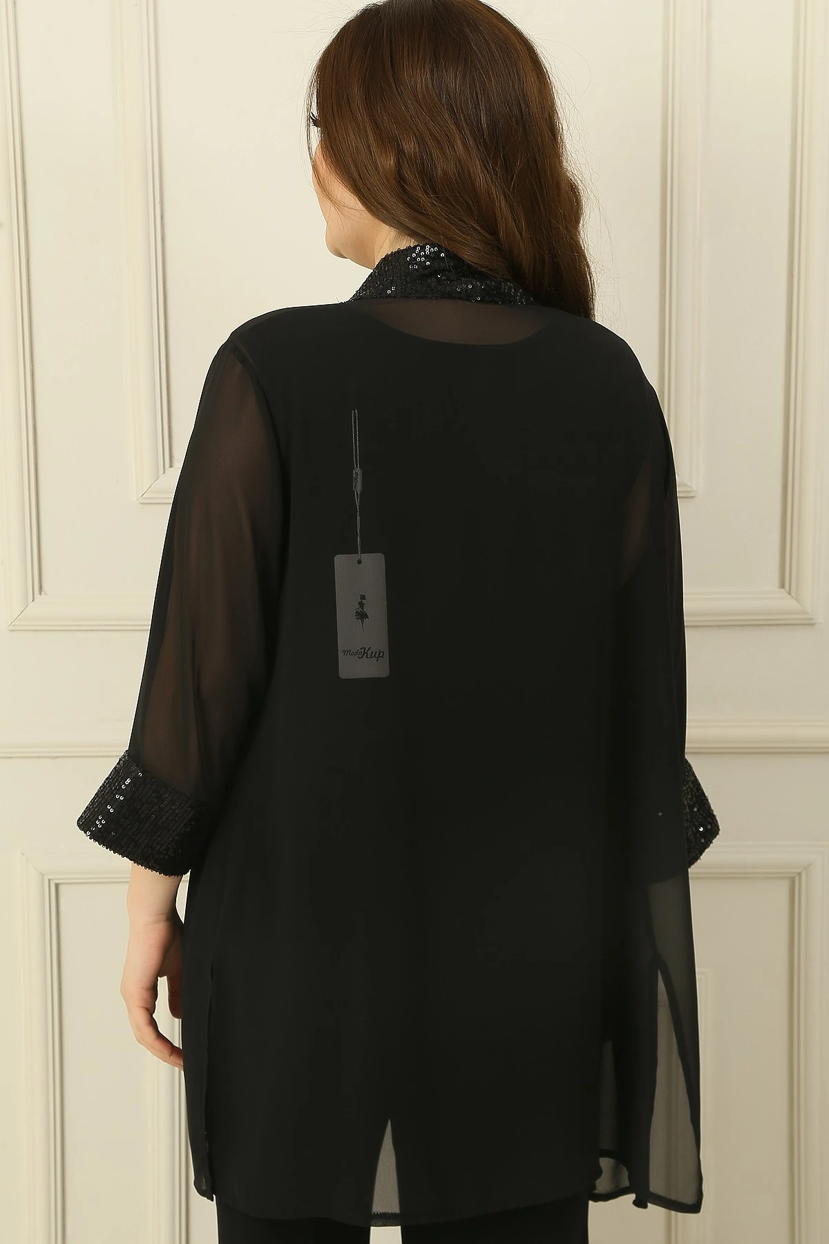 Şal Yaka Pulpayet Detaylı Şifon Ceket İçi Kolsuz Bluz Büyük Beden 2'li Takım