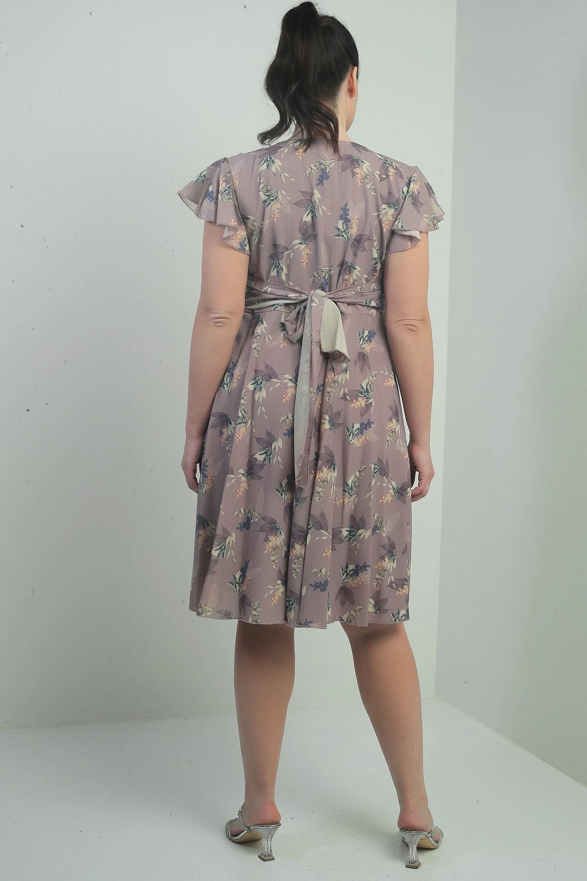 Kruvaze Yaka Kolu Volanlı Astarlı Büyük Beden Empirme Keten Elbise