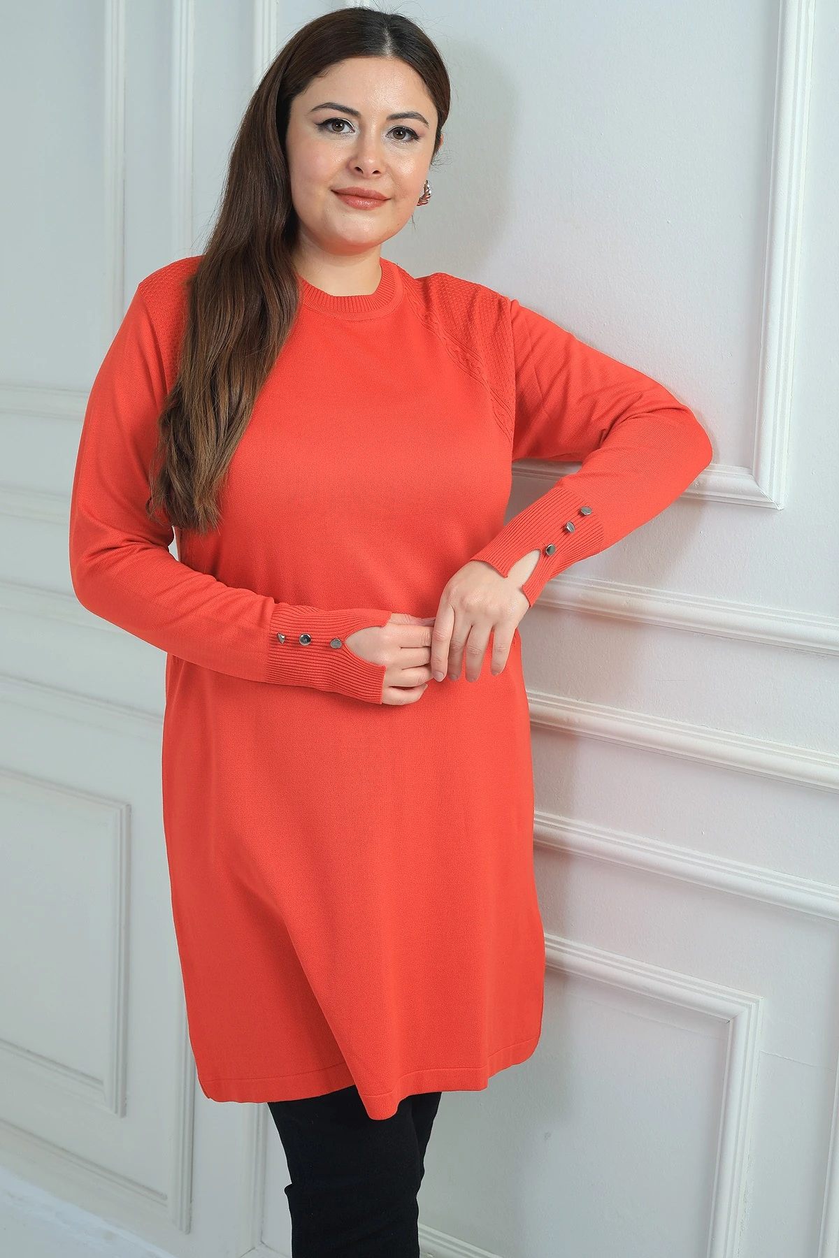 Kadın Ön Yanlar Saç Örgülü Büyük Beden Soğuk İplik Tunik Bluz