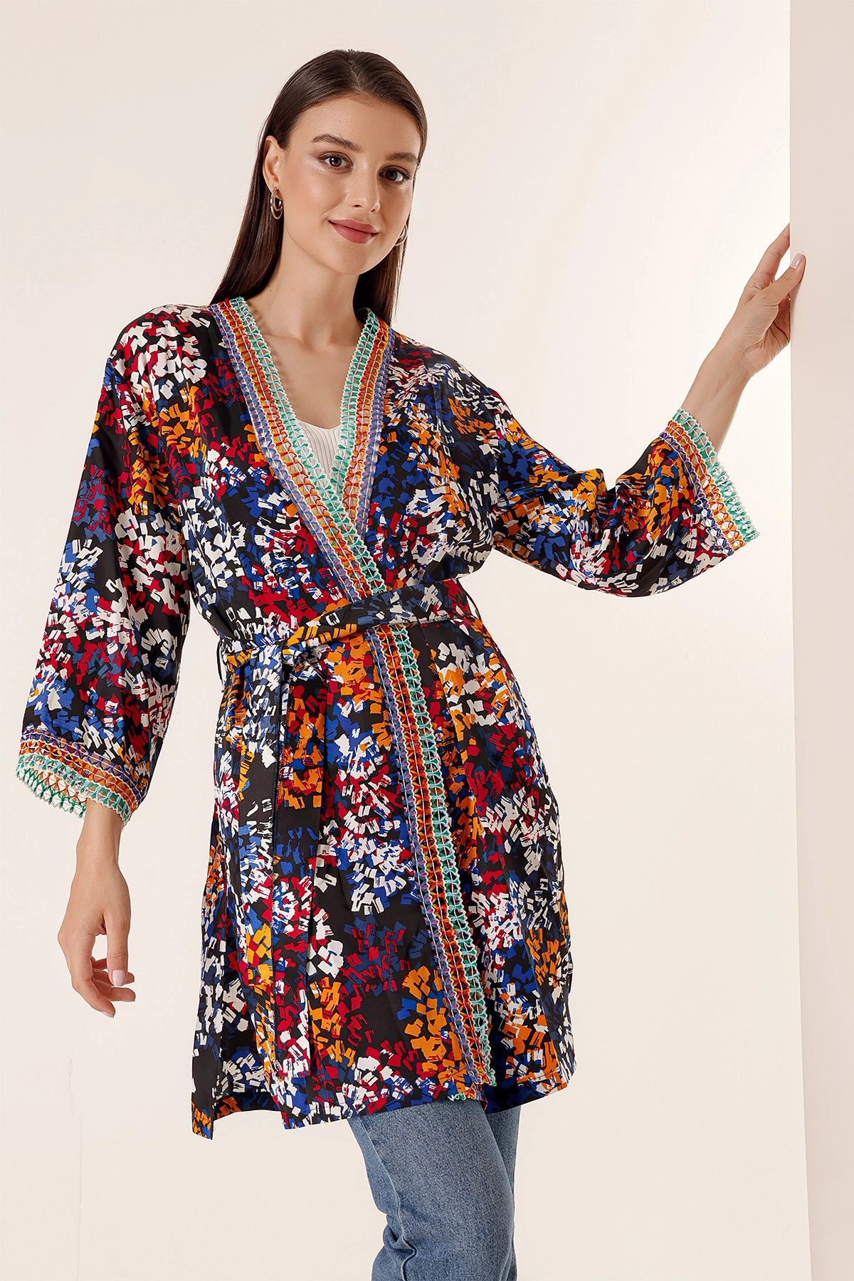 Karışık Desenli Saten Uzun Kimono Ceket