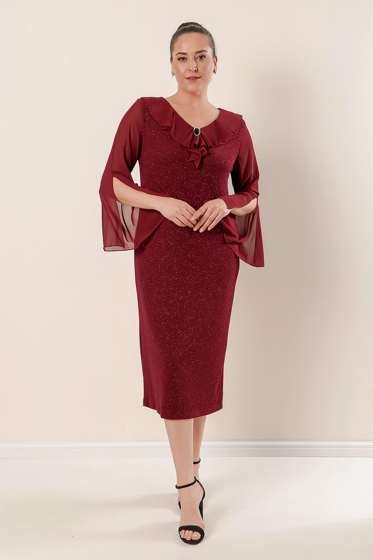 Yaka Ve Kollar Şifon Astarlı Likralı Simli Büyük Beden Elbise