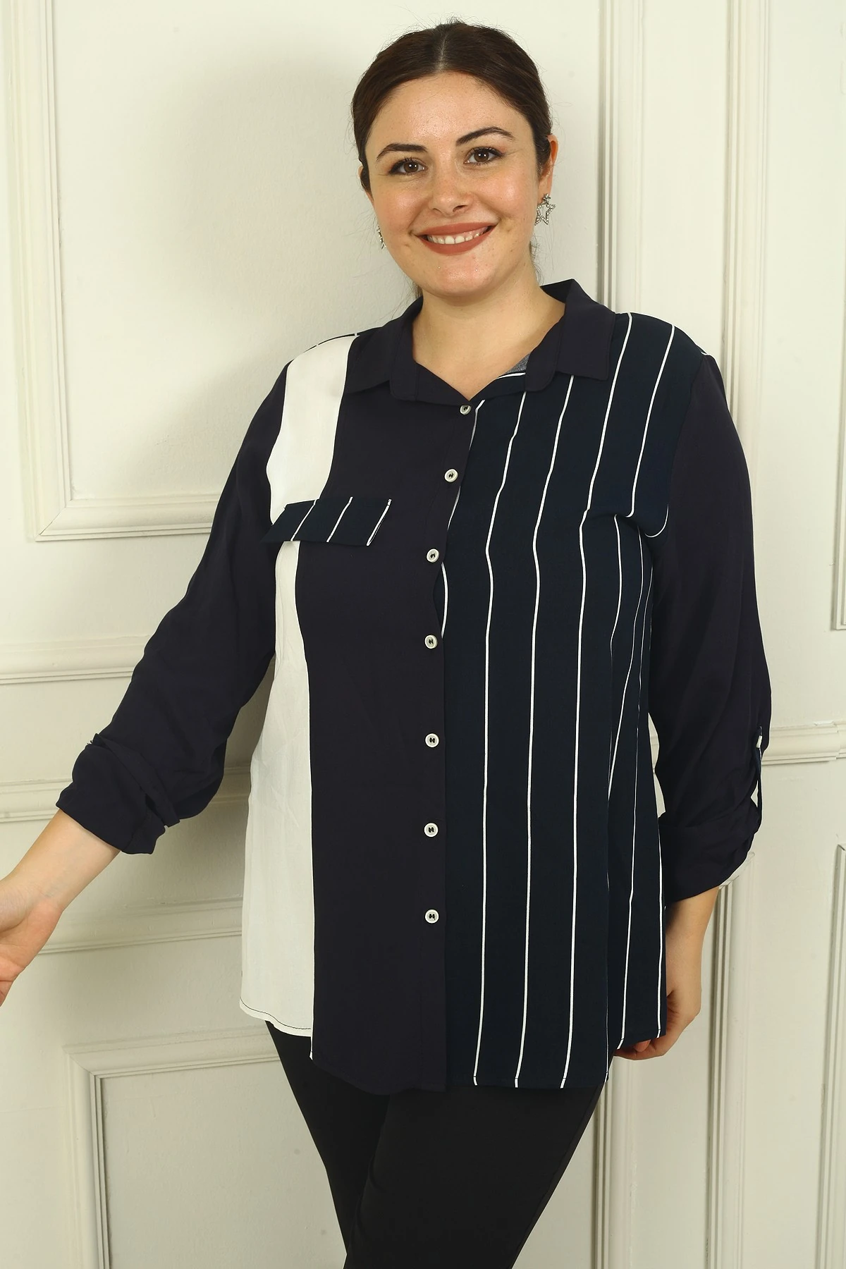 Kadın Tek Cepli Kol Katlamalı Çizgili B.B. Gömlek