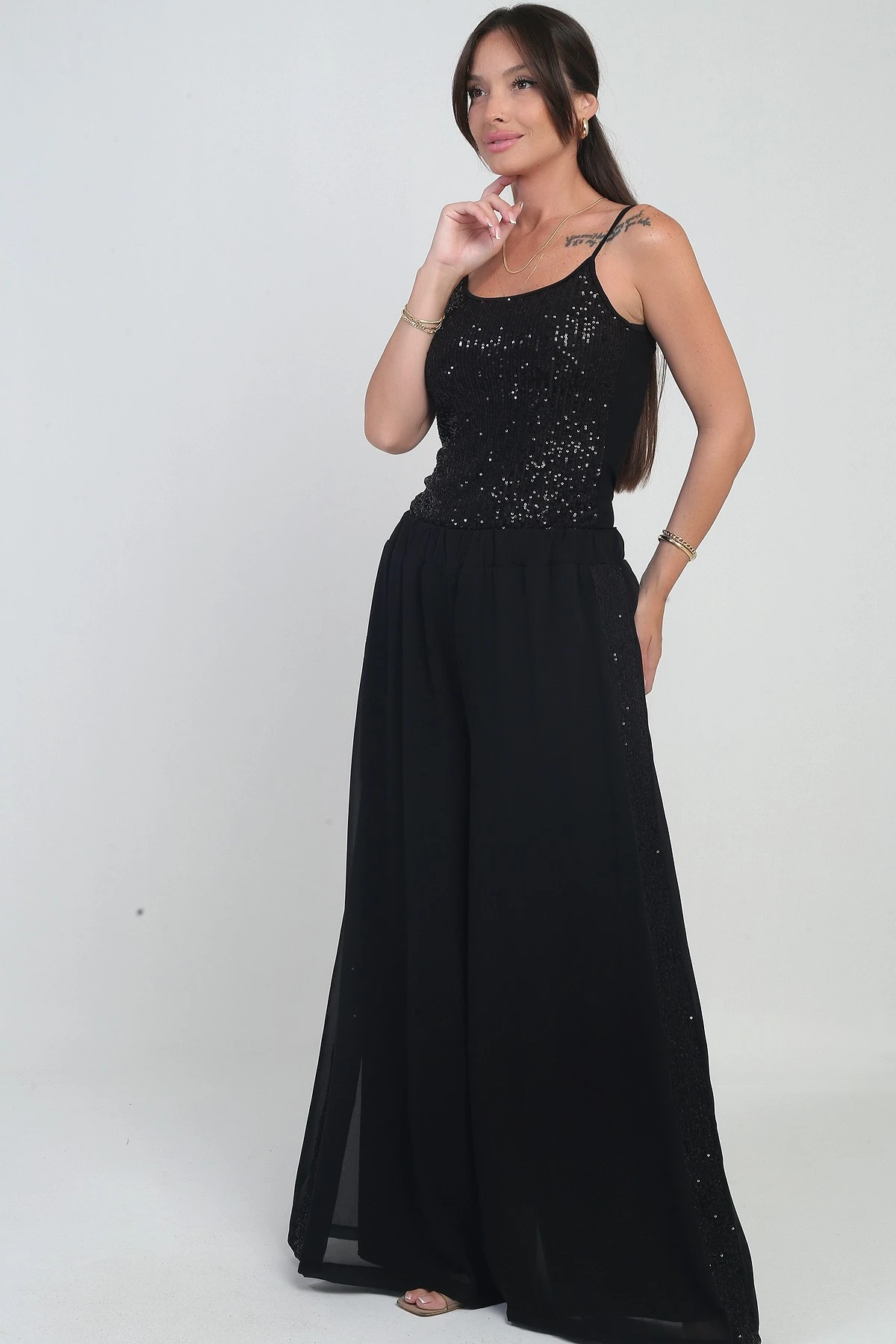 Kadın Beli Lastikli Yanı Pulpayet Şeritli Astarlı Palazzo Şifon Pantolon