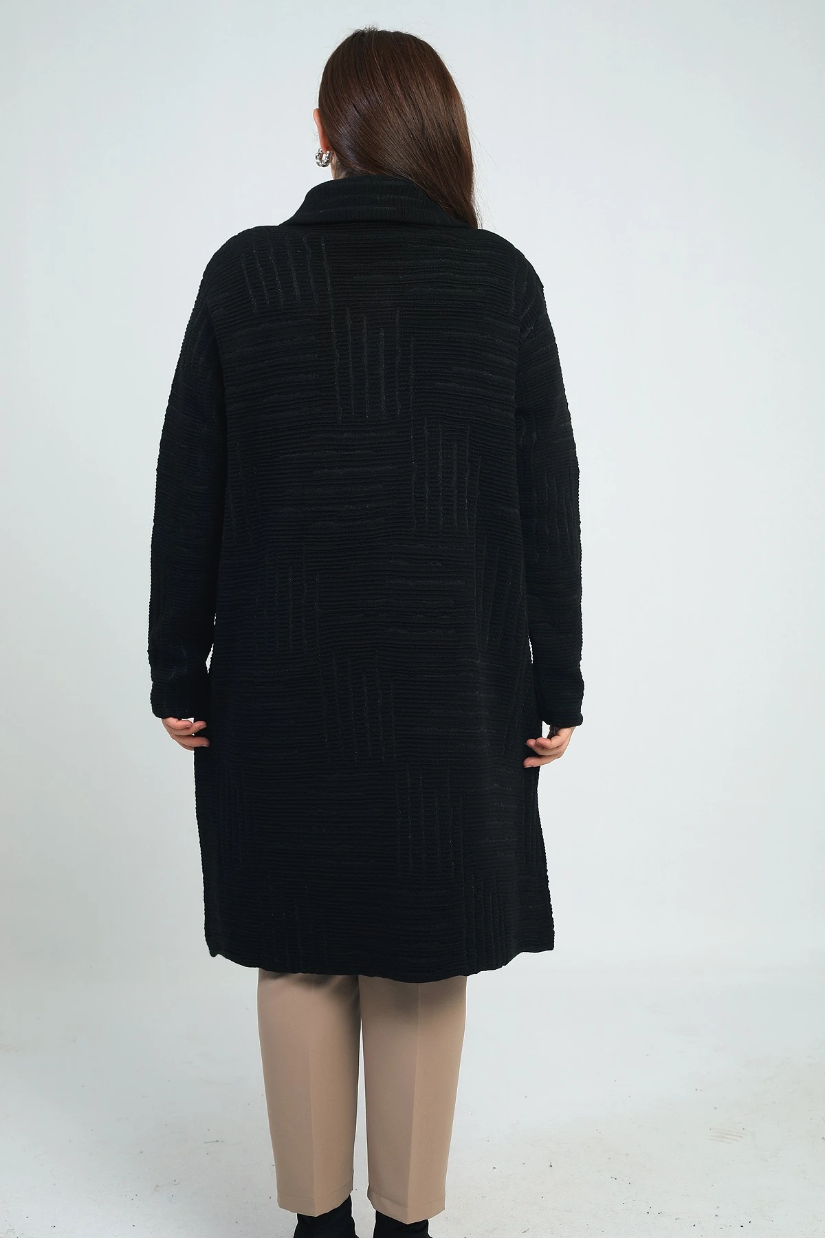 Kadın Önü Düğmeli Cepli Büyük Beden Lİkralı Triko Kaban