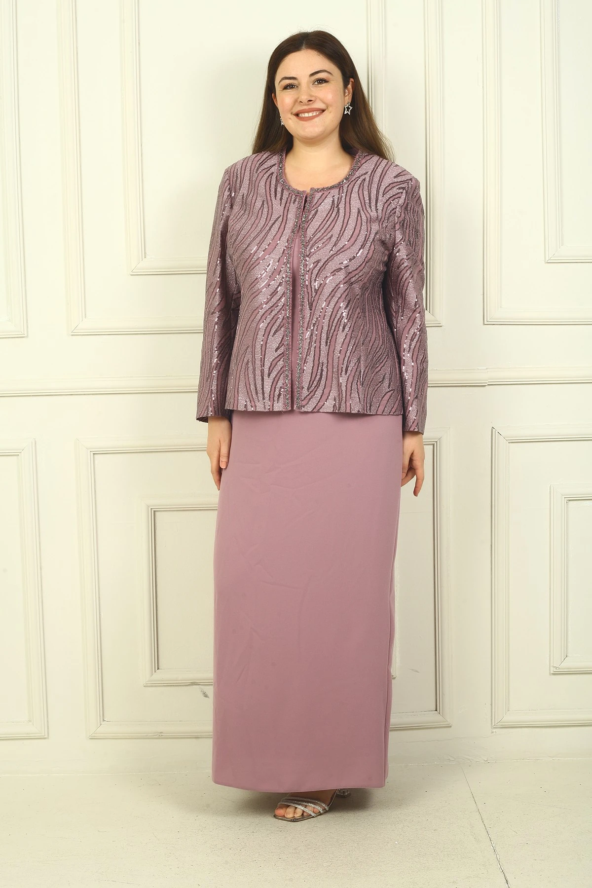 Pulpayet Ceket Yarım Ay Kollu Astarlı Krep Elbise Büyük Beden 2'li Takım