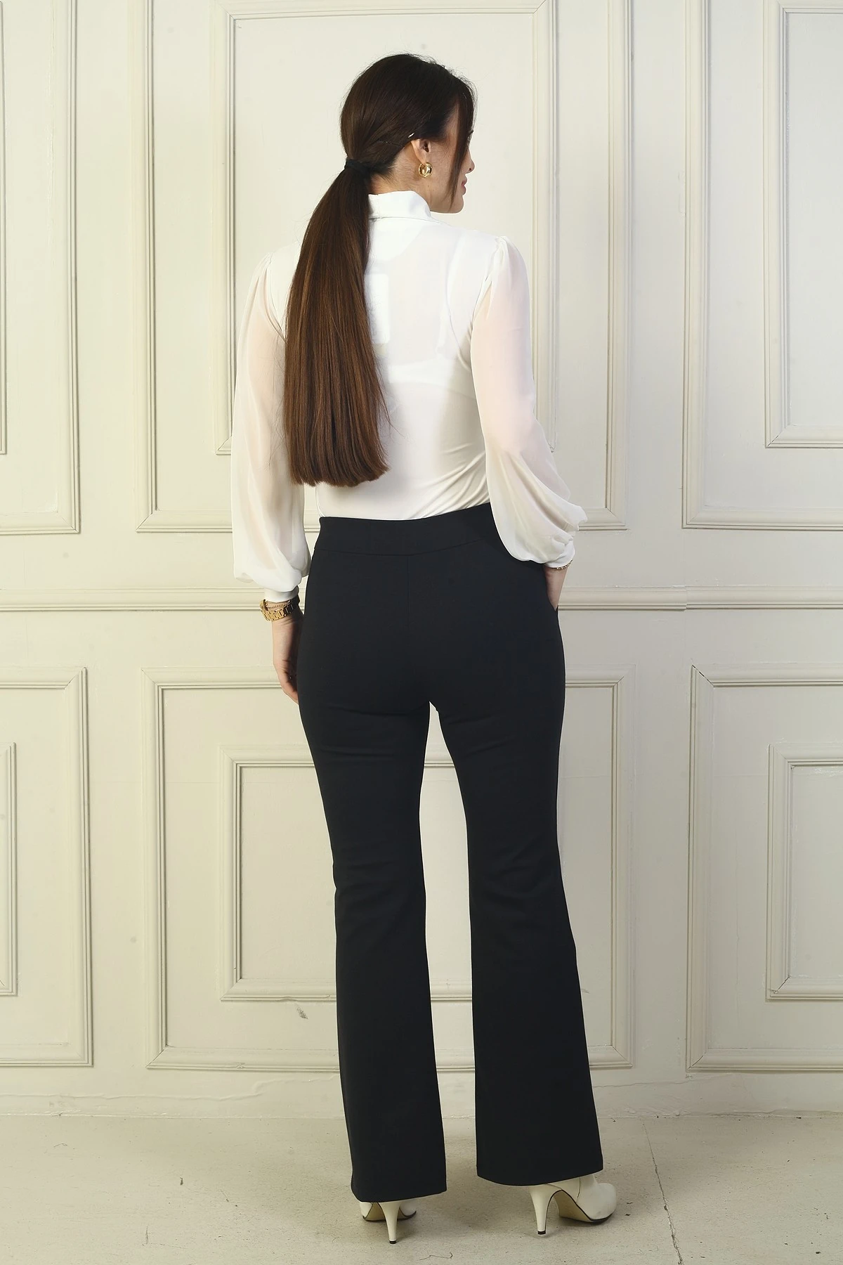 Kadın Beli Lastikli Yandan Cepli İspanyol Paça Çımalı Çelik Pantolon