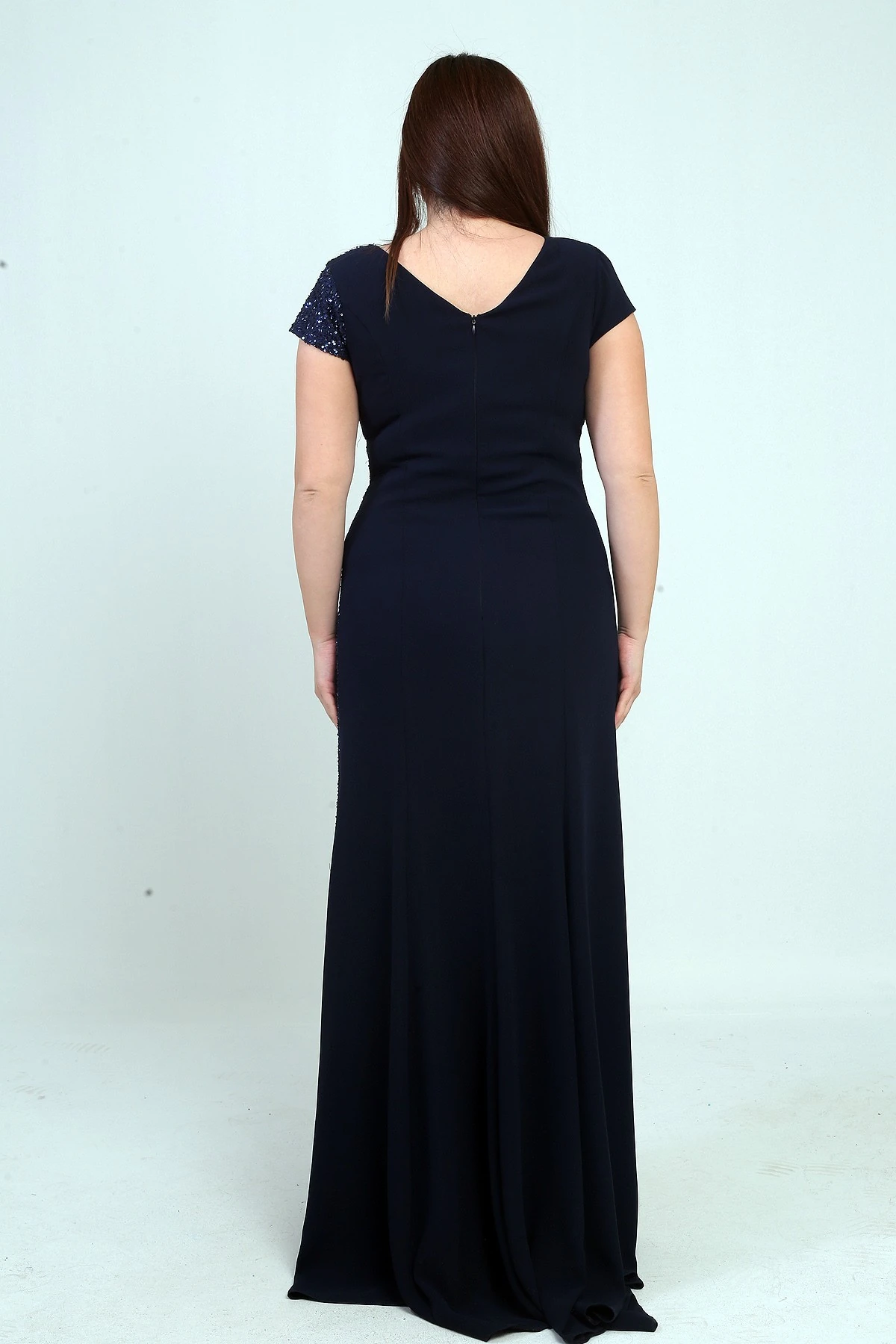 Kadın Kruvaze Yaka Astarlı Yanı Boncuk Garnili Büyük Beden Uzun Şifon Elbise