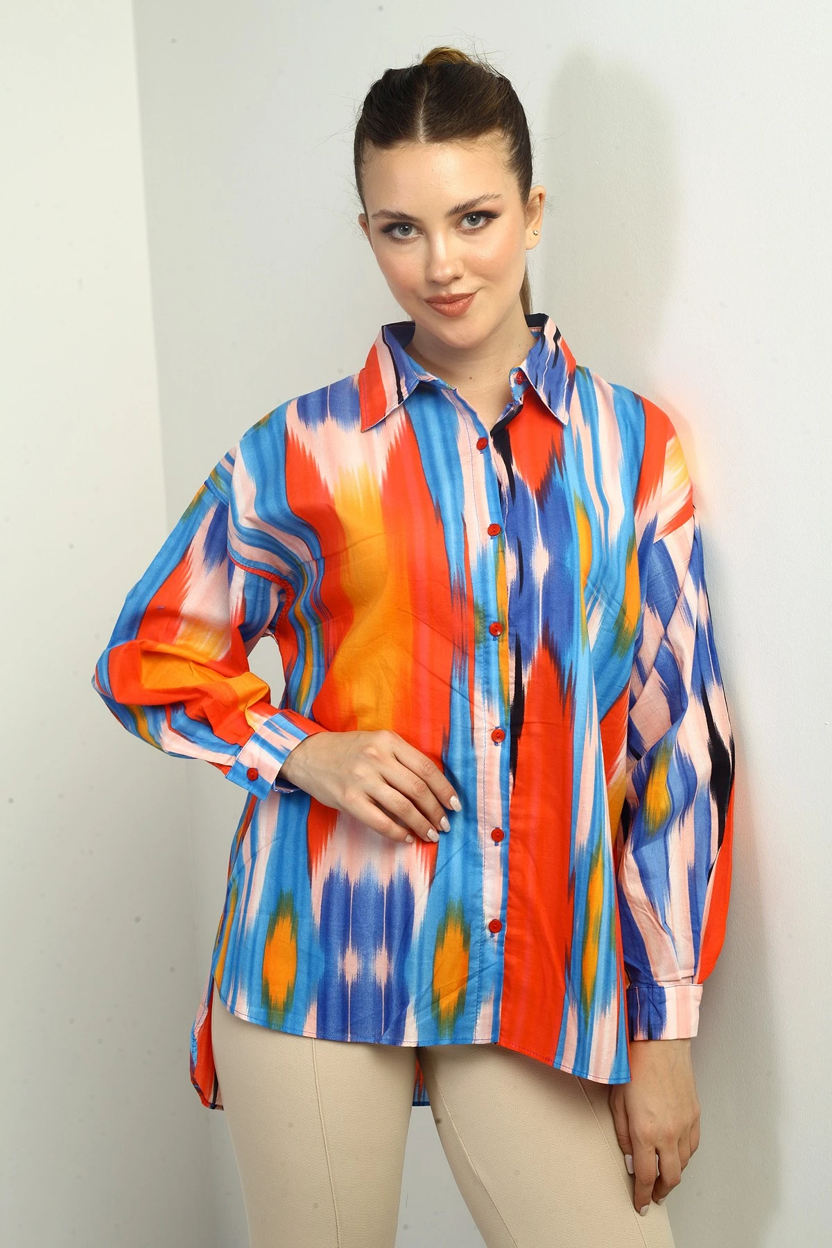 Kadın Fırça Desenli Oversize Gömlek