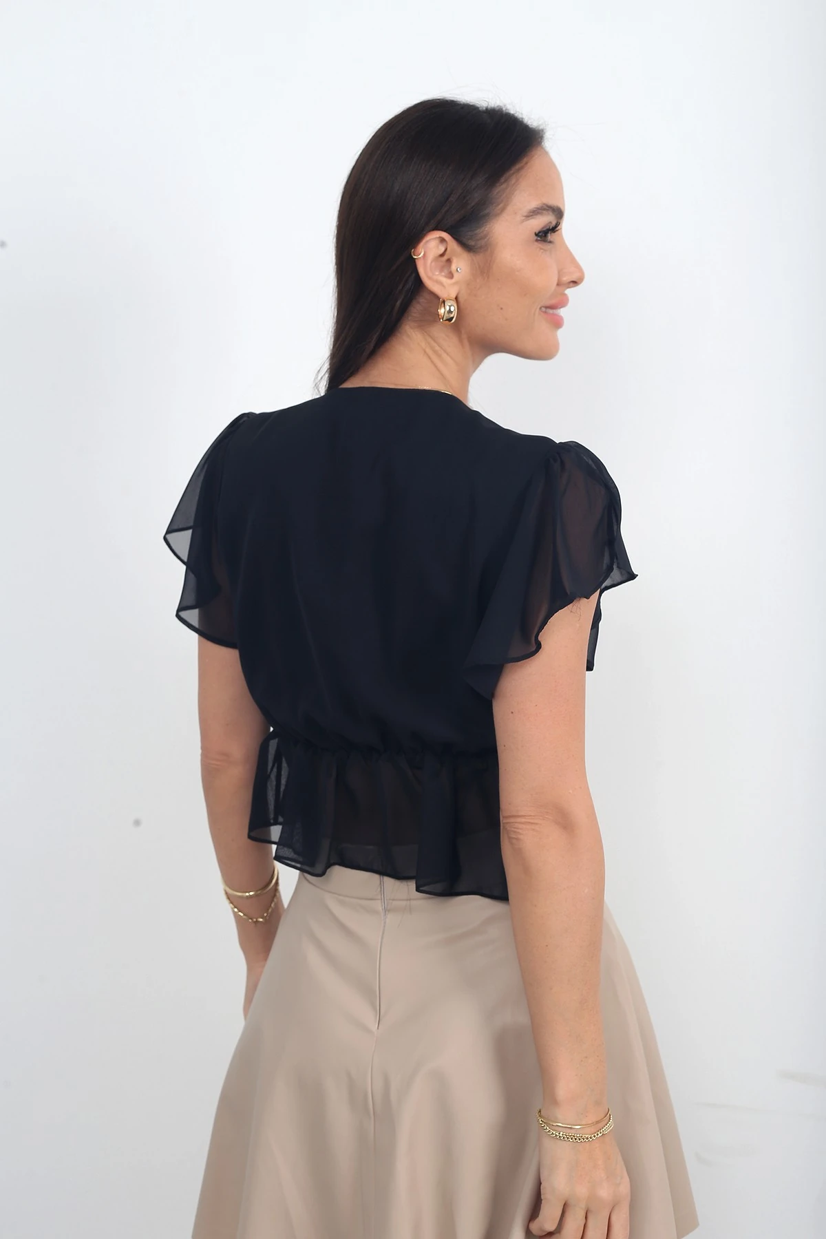 Kadın Kruvaze Yaka Yandan Bağcıklı Kısa Kollu Şifon Bluz