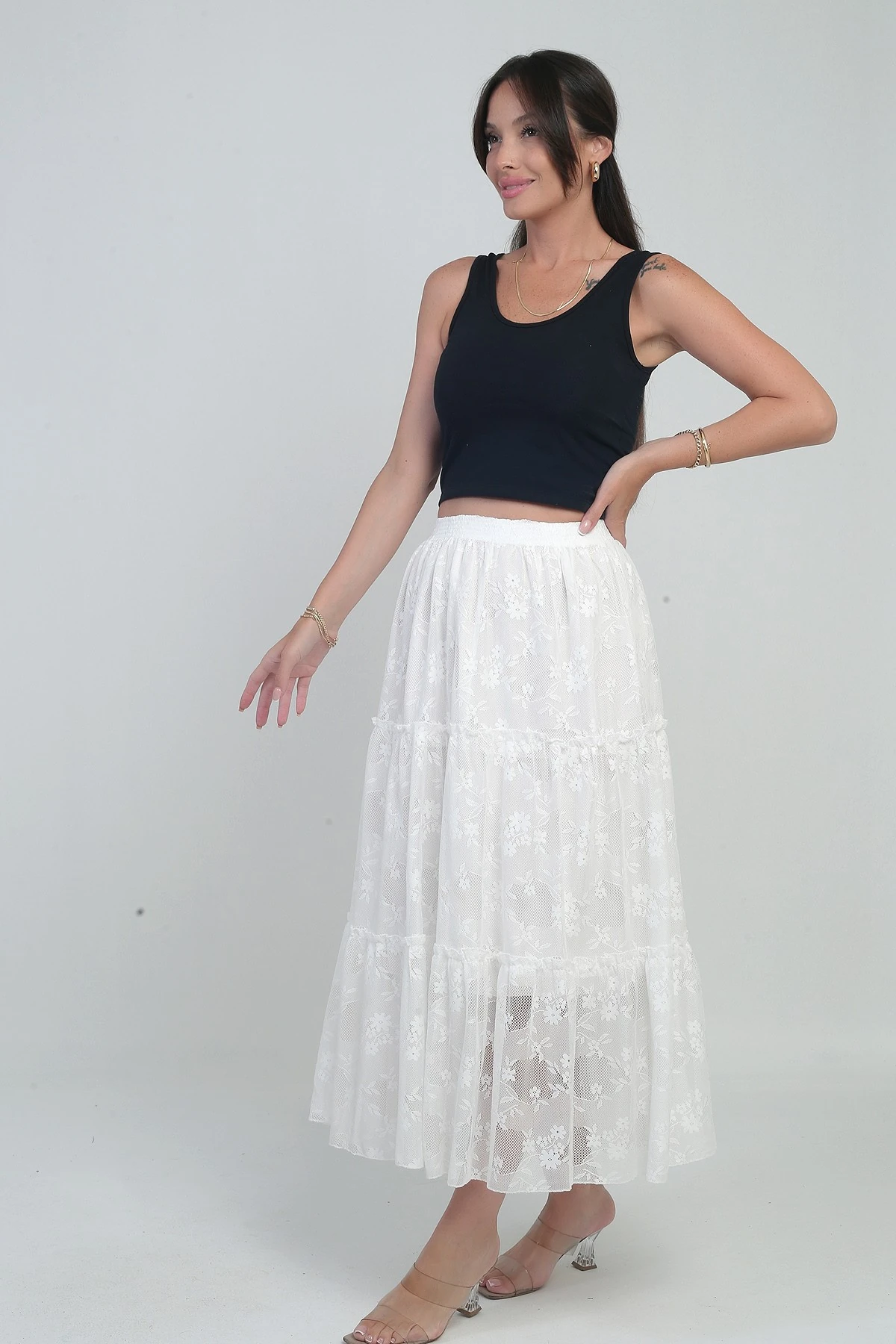 Kadın Beli Lastikli Astarlı Mini Çiçekli Tül Etek