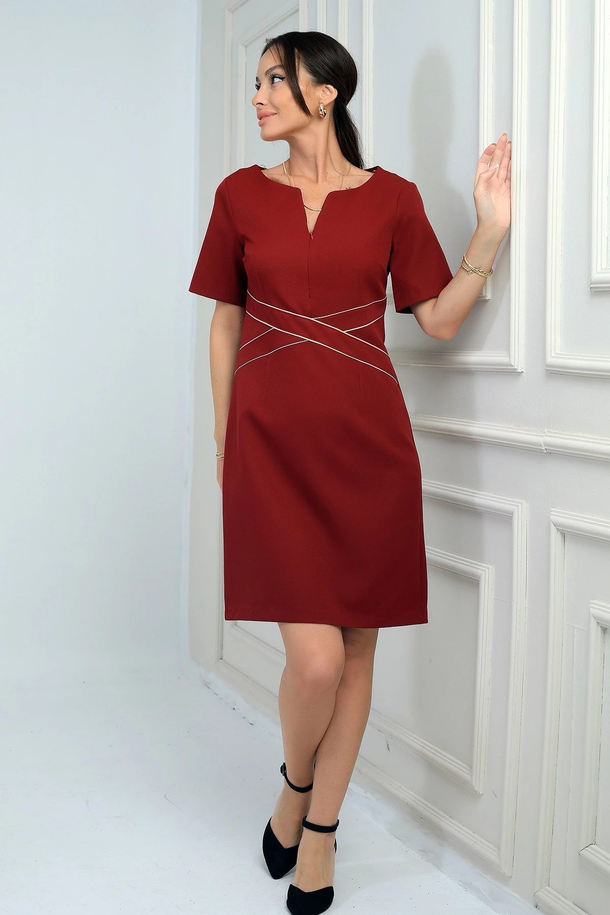 Kadın Kendinden Telalı Biyeli Önü Fermuar Detaylı Kısa Elbise