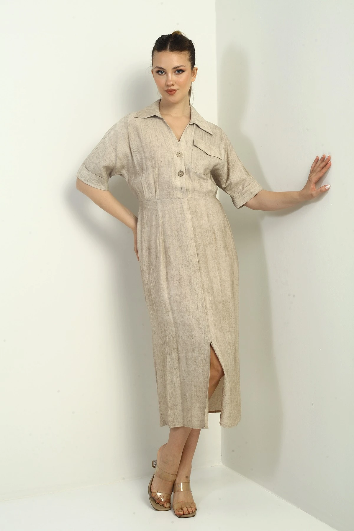 Kadın Tek Cepli Yarım Düğmeli Önü Yırtmaçlı Degrade Elbise