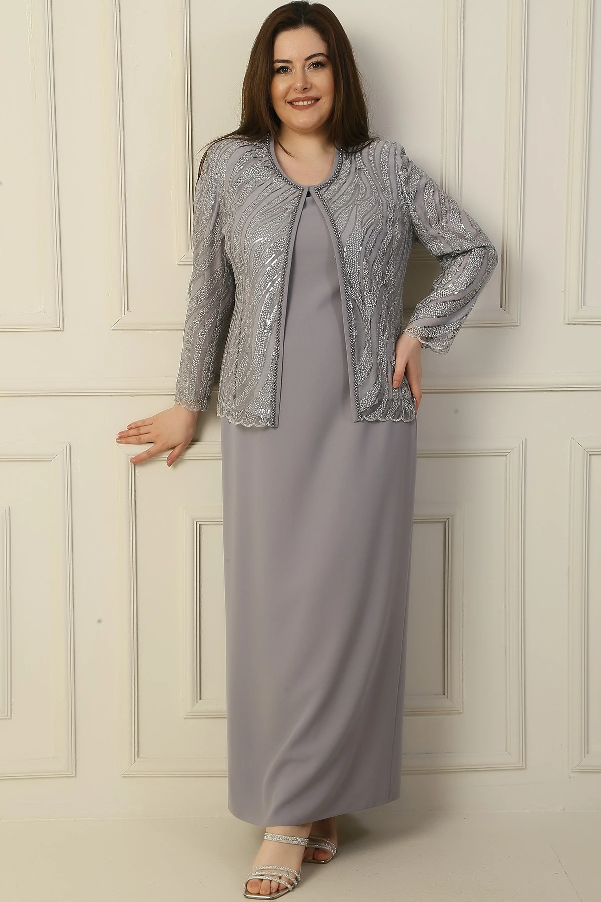 Yarım Ay Kollu Uzun Elbise Boncuk Pul Nakışlı Tül Ceket Astarlı Büyük Beden 2'li Takım