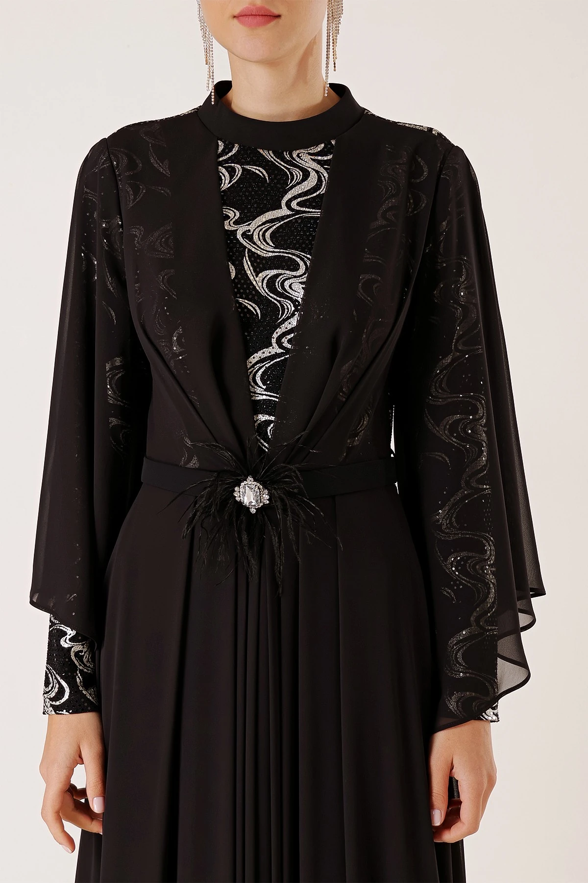 Pullu Yaldızlı Beli Taş Ve Tüy Detay Kemerli Astarlı Karışık Desenli Büyük Beden Şifon Uzun Tesettür Elbise